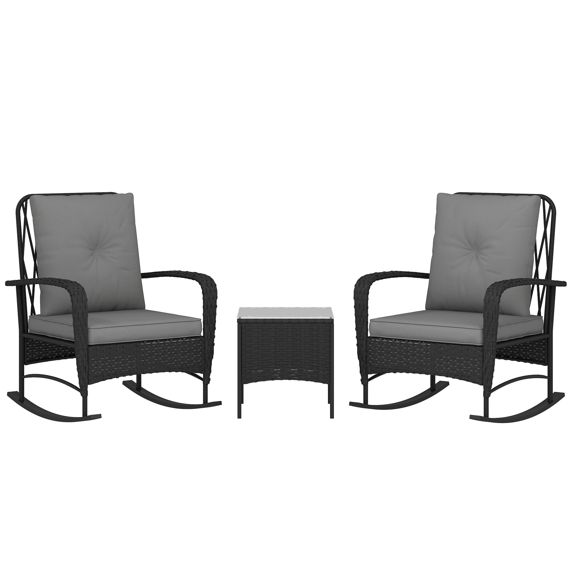 3 Pieces Rattan Bistro Set, Wicker Garden Furniture Set with Cushions, Glass Top Coffee Table and Rocking Chairs, Small Balcony Furniture for Outdoor, Porch, Black