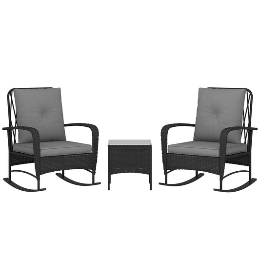 3 Pieces Rattan Bistro Set, Wicker Garden Furniture Set with Cushions, Glass Top Coffee Table and Rocking Chairs, Small Balcony Furniture for Outdoor, Porch, Black