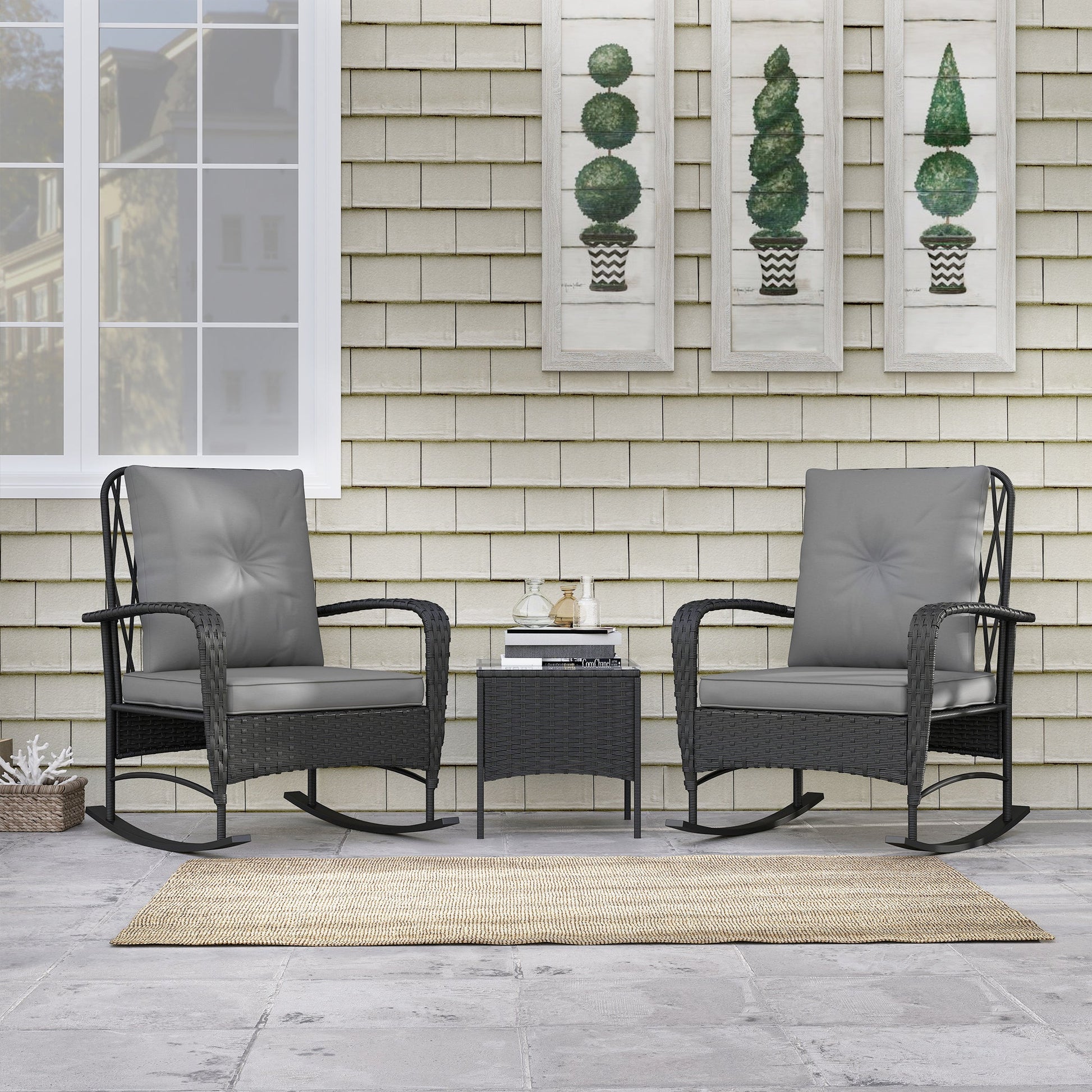 3 Pieces Rattan Bistro Set, Wicker Garden Furniture Set with Cushions, Glass Top Coffee Table and Rocking Chairs, Small Balcony Furniture for Outdoor, Porch, Black