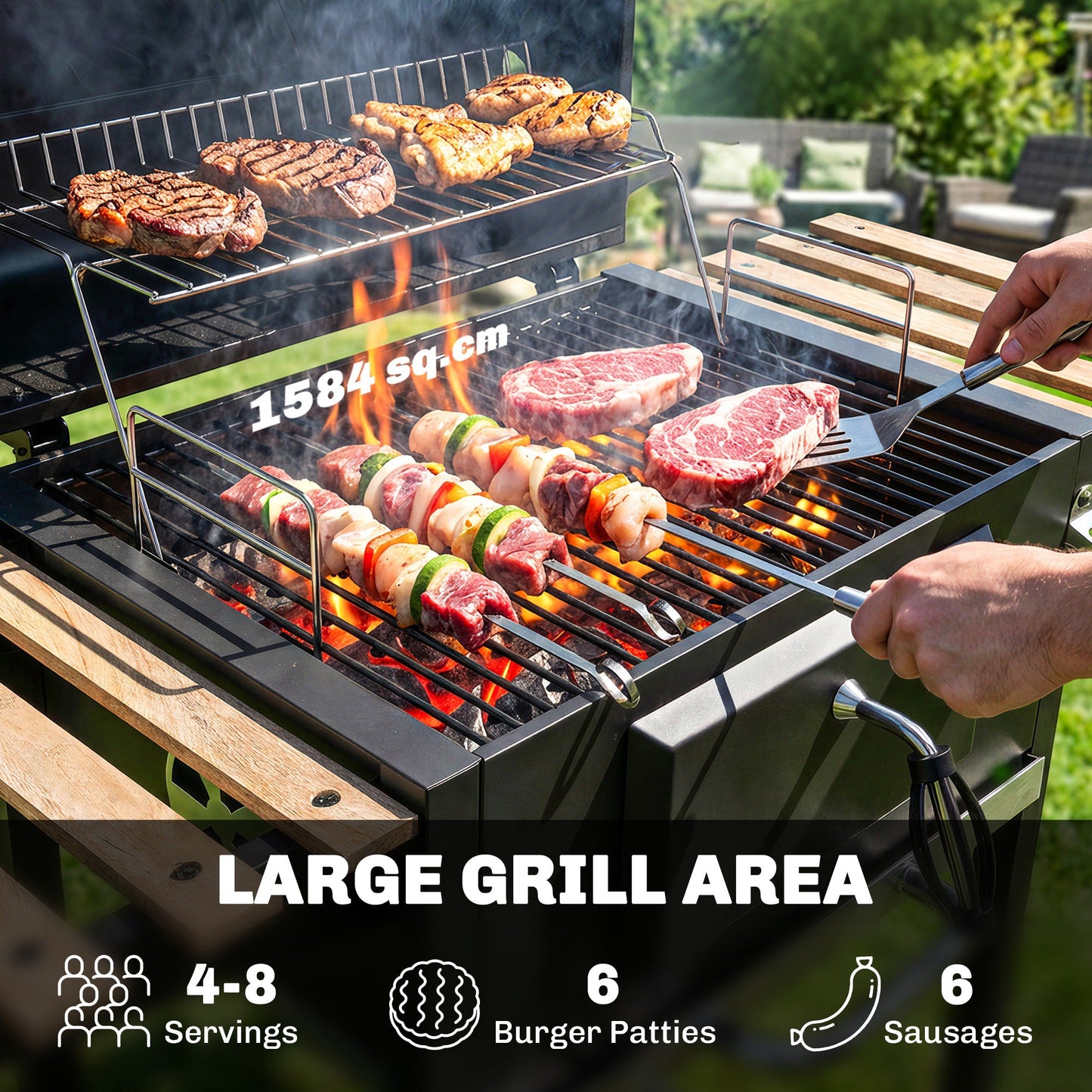 Charcoal BBQ Grill with Height Adjustable Charcoal Pan, Barbecue Smoker with Warming Rack, 3 Shelves, Temperature Gauge, Wheels, Bottle Opener for Outdoor Cooking Garden Party
