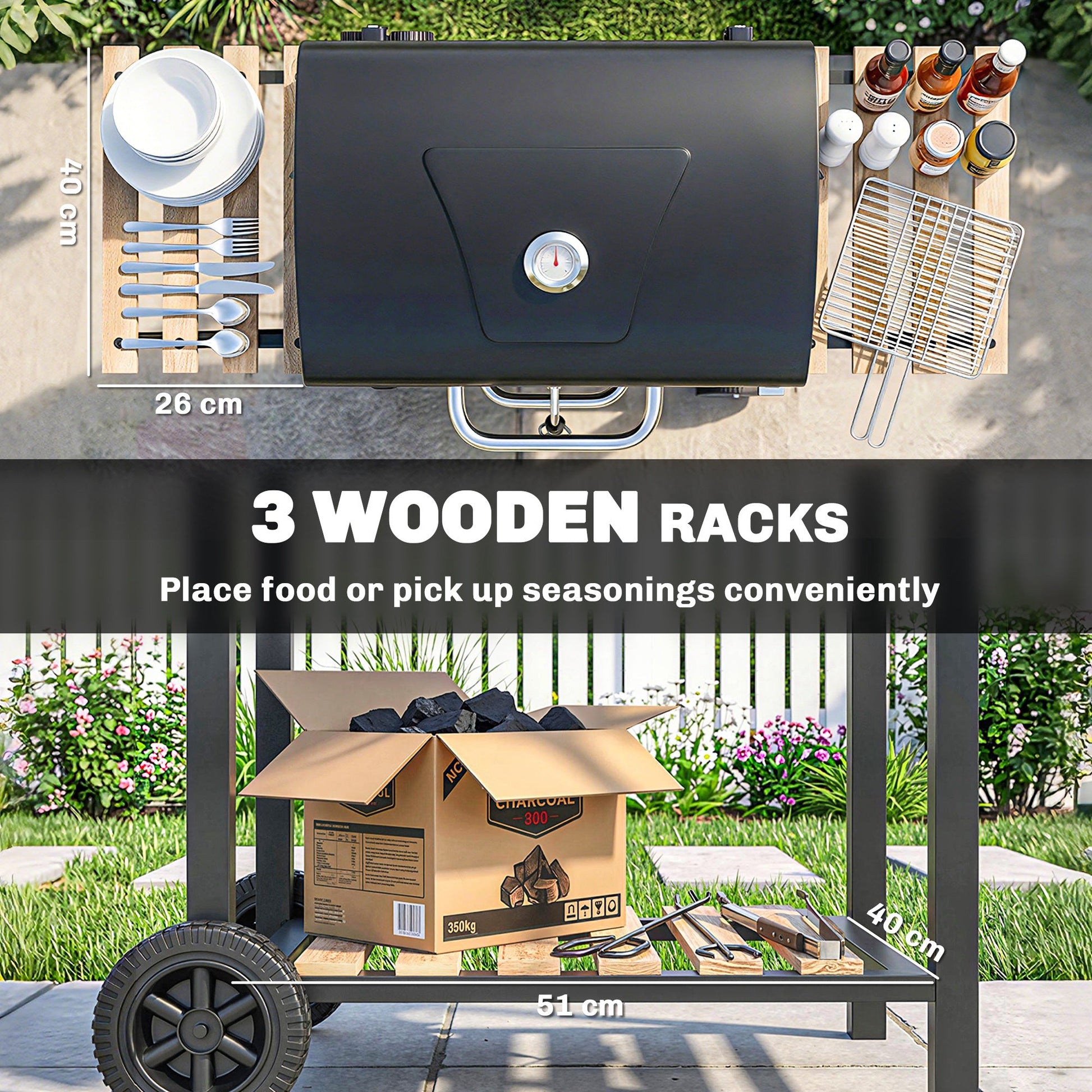 Charcoal BBQ Grill with Height Adjustable Charcoal Pan, Barbecue Smoker with Warming Rack, 3 Shelves, Temperature Gauge, Wheels, Bottle Opener for Outdoor Cooking Garden Party