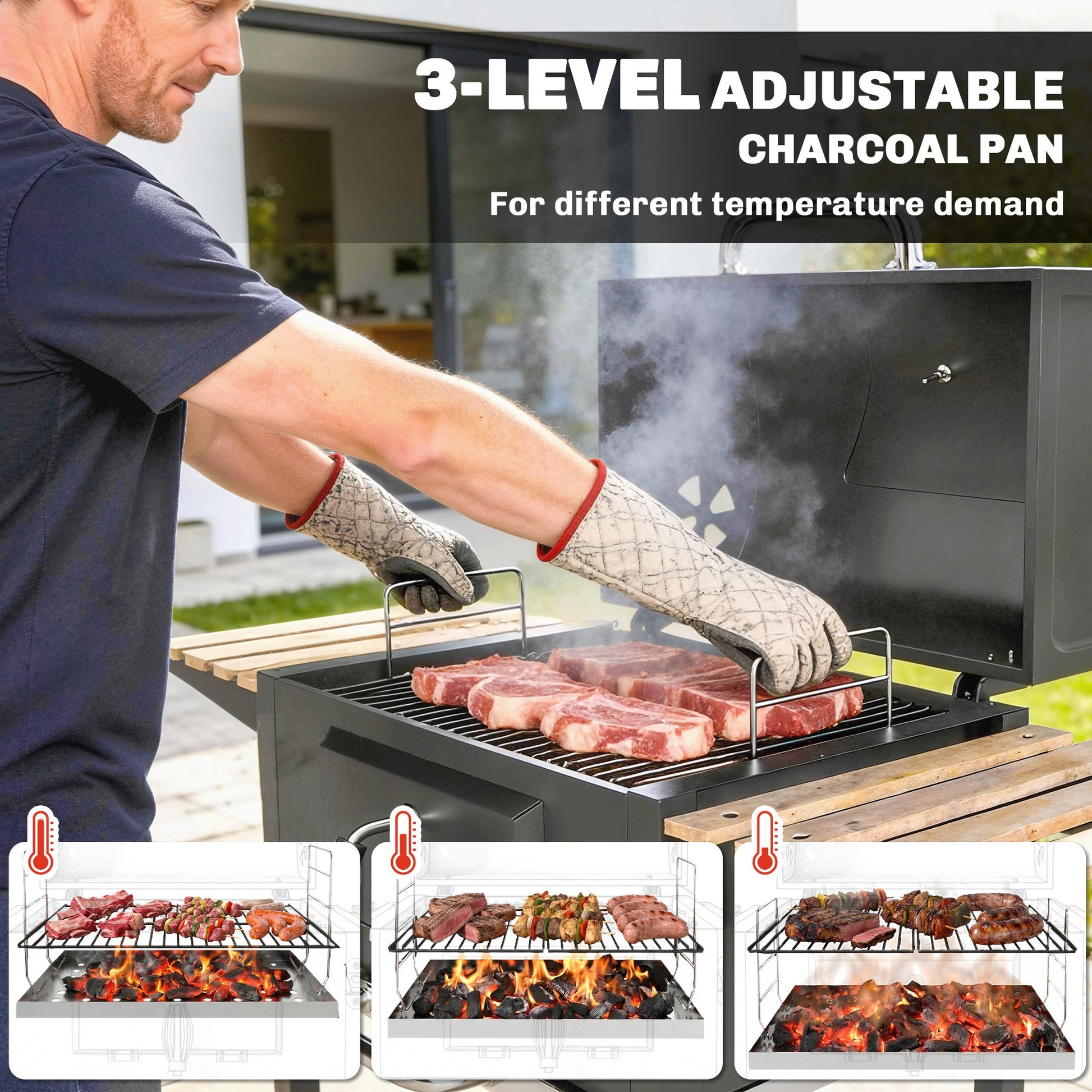 Charcoal BBQ Grill with Height Adjustable Charcoal Pan, Barbecue Smoker with Warming Rack, 3 Shelves, Temperature Gauge, Wheels, Bottle Opener for Outdoor Cooking Garden Party