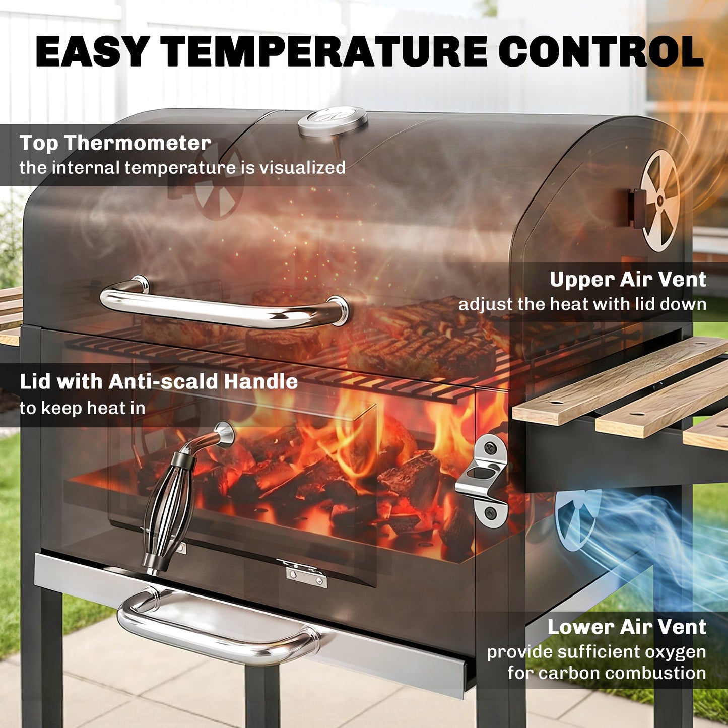 Charcoal BBQ Grill with Height Adjustable Charcoal Pan, Barbecue Smoker with Warming Rack, 3 Shelves, Temperature Gauge, Wheels, Bottle Opener for Outdoor Cooking Garden Party