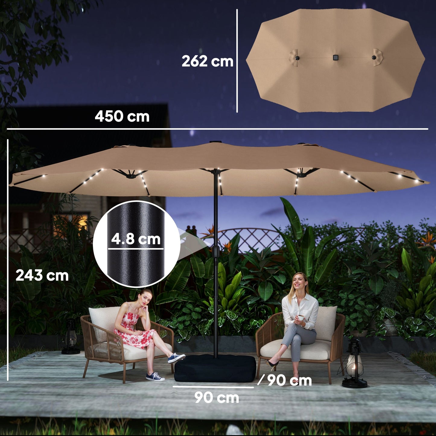 4.5m Garden Parasol Double Sided Umbrella with Base and Sandbags, 60 Solar Powered LED Lights, Patio Umbrella with Crank Handle, Ribs, Water Repellent, Khaki