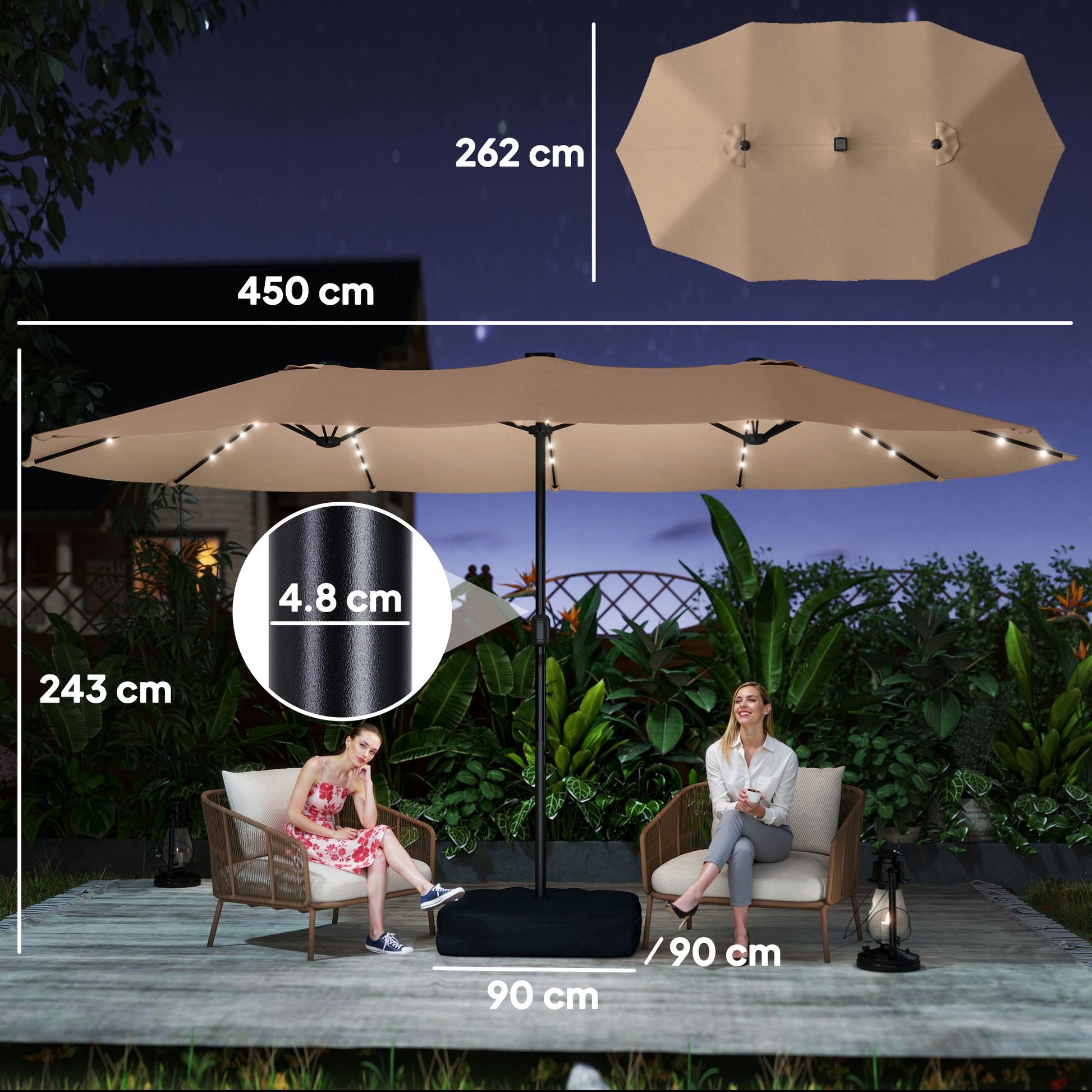 4.5m Garden Parasol Double Sided Umbrella with Base and Sandbags, 60 Solar Powered LED Lights, Patio Umbrella with Crank Handle, Ribs, Water Repellent, Khaki