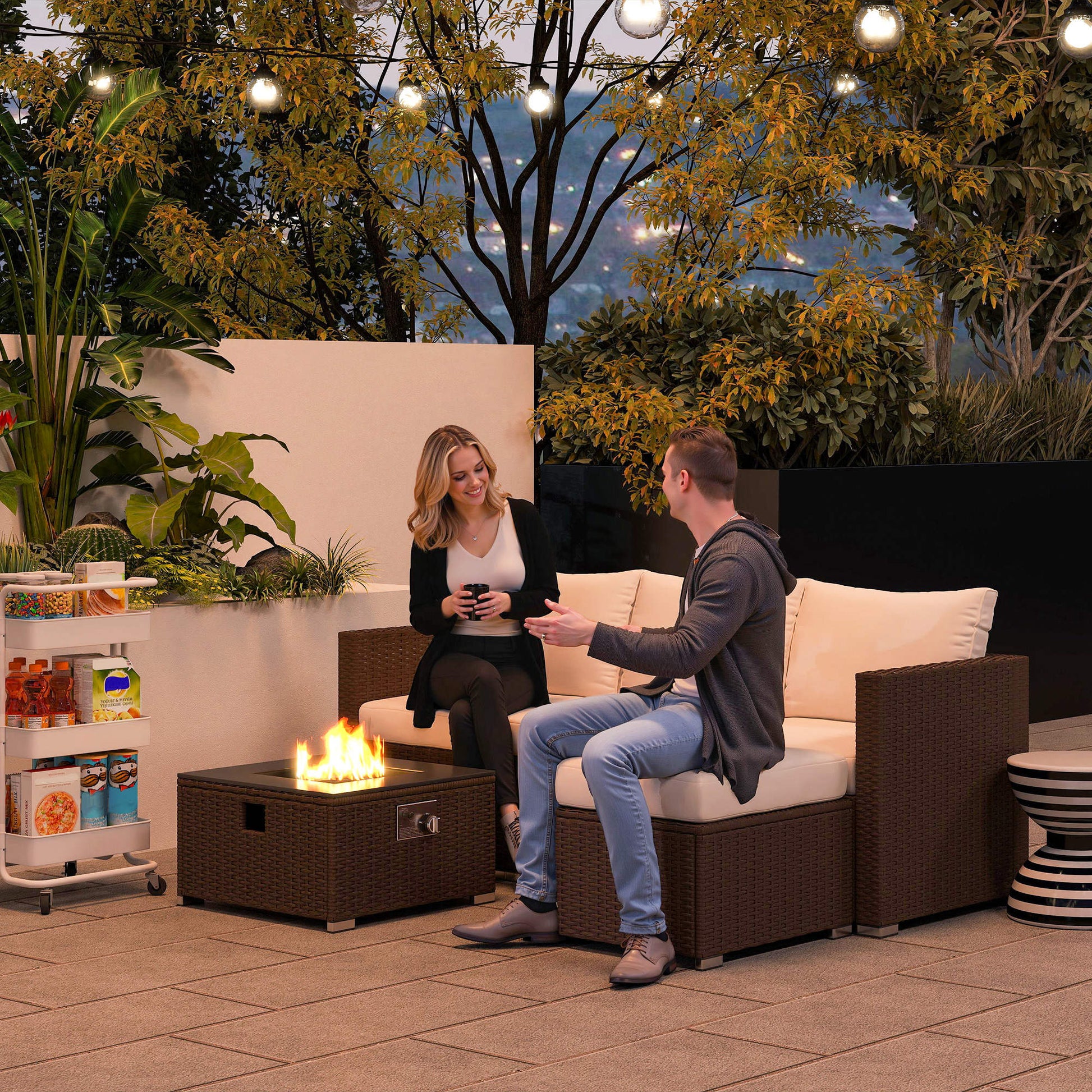 5 Piece Rattan Garden Furniture Set with Gas Fire Pit Table, 4 Seater Outdoor Sectional Sofa Set with Footstool and Removable Cushions, Modular Combination, Brown and Cream White