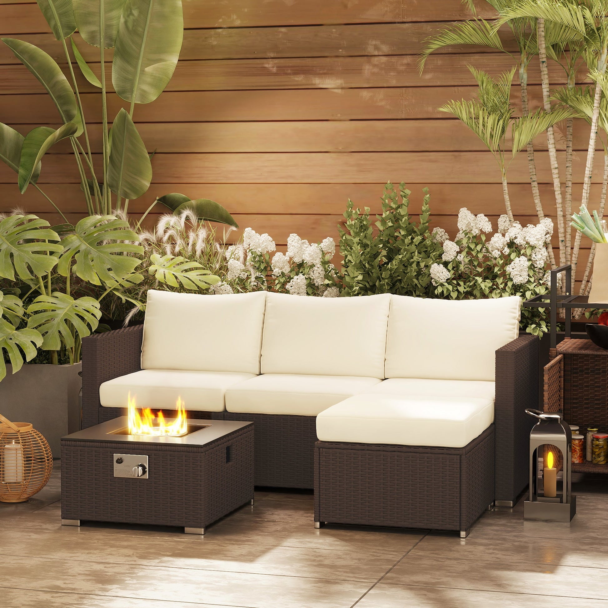 5 Piece Rattan Garden Furniture Set with Gas Fire Pit Table, 4 Seater Outdoor Sectional Sofa Set with Footstool and Removable Cushions, Modular Combination, Brown and Cream White