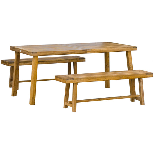 3 Pieces Picnic Bench Set with Table and 2 Benches, Acacia wood Dining Trestle Beer Table and Seat,  Natural Wood Finish