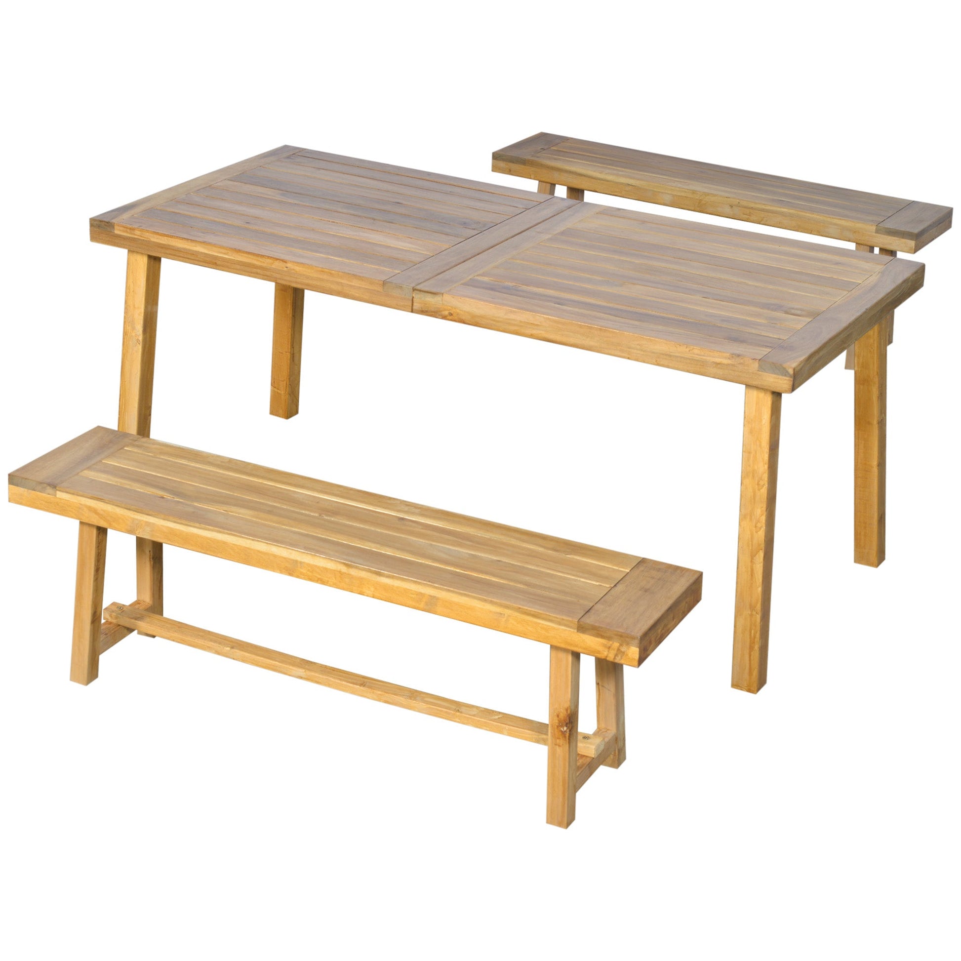 3 Pieces Picnic Bench Set with Table and 2 Benches, Acacia wood Dining Trestle Beer Table and Seat,  Natural Wood Finish
