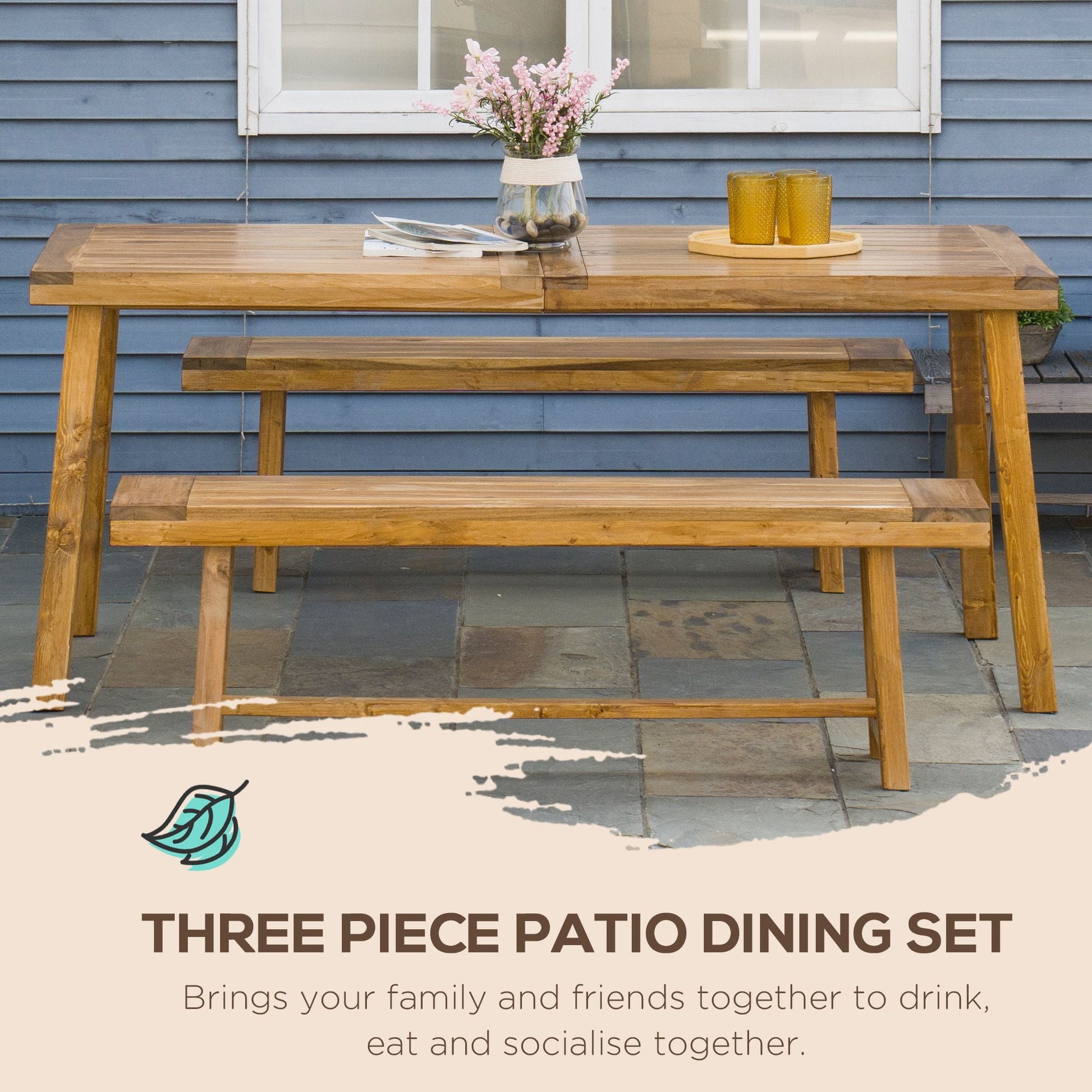 3 Pieces Picnic Bench Set with Table and 2 Benches, Acacia wood Dining Trestle Beer Table and Seat,  Natural Wood Finish