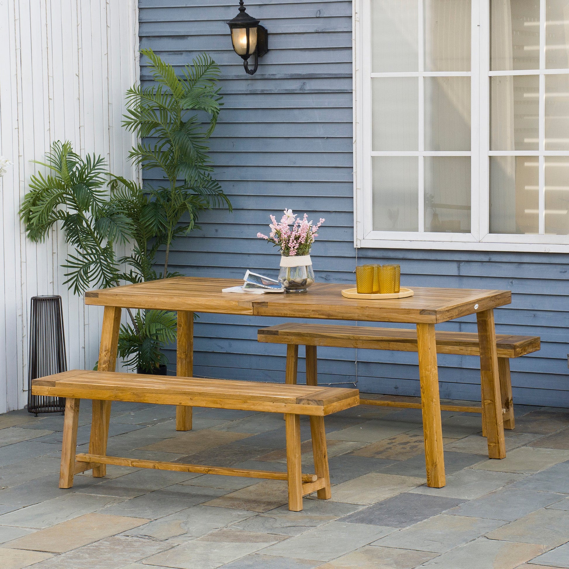 3 Pieces Picnic Bench Set with Table and 2 Benches, Acacia wood Dining Trestle Beer Table and Seat,  Natural Wood Finish