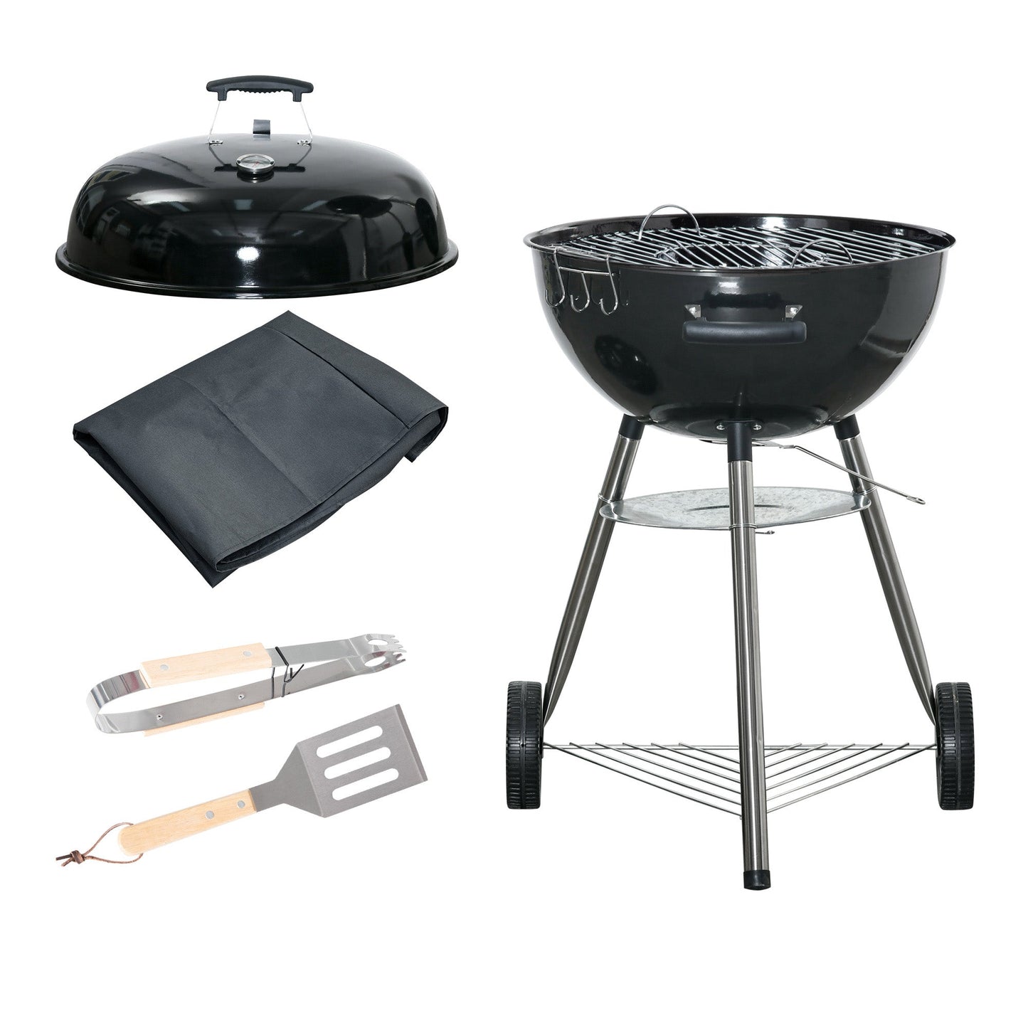 Portable Kettle Charcoal Grill BBQ Smoker with Cover, Outdoor Round Barbecue with Lid, Thermometer, Turner, Knife, Clip, Storage Shelf, & Wheels for Party Patio Garden