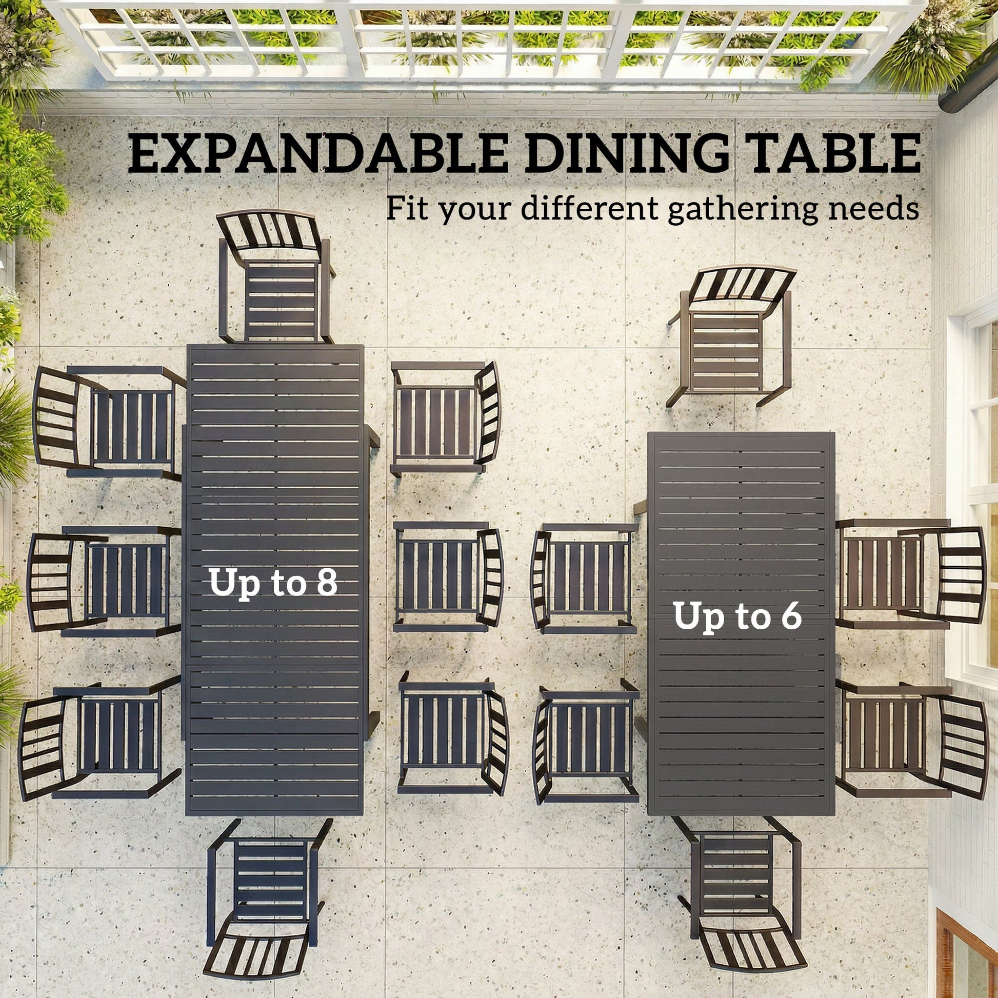 Extending Garden Table for 6-8 People, Full Aluminium Outdoor Dining Table with Slatted Top, Weatherproof Outdoor Dining Furniture for Patio, Balcony, 150/225 x 85 x 75 cm, Dark Grey