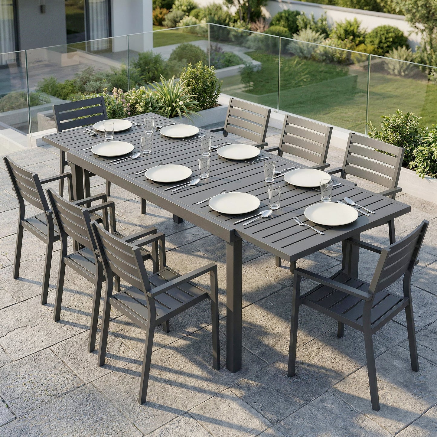 Extending Garden Table for 6-8 People, Full Aluminium Outdoor Dining Table with Slatted Top, Weatherproof Outdoor Dining Furniture for Patio, Balcony, 150/225 x 85 x 75 cm, Dark Grey