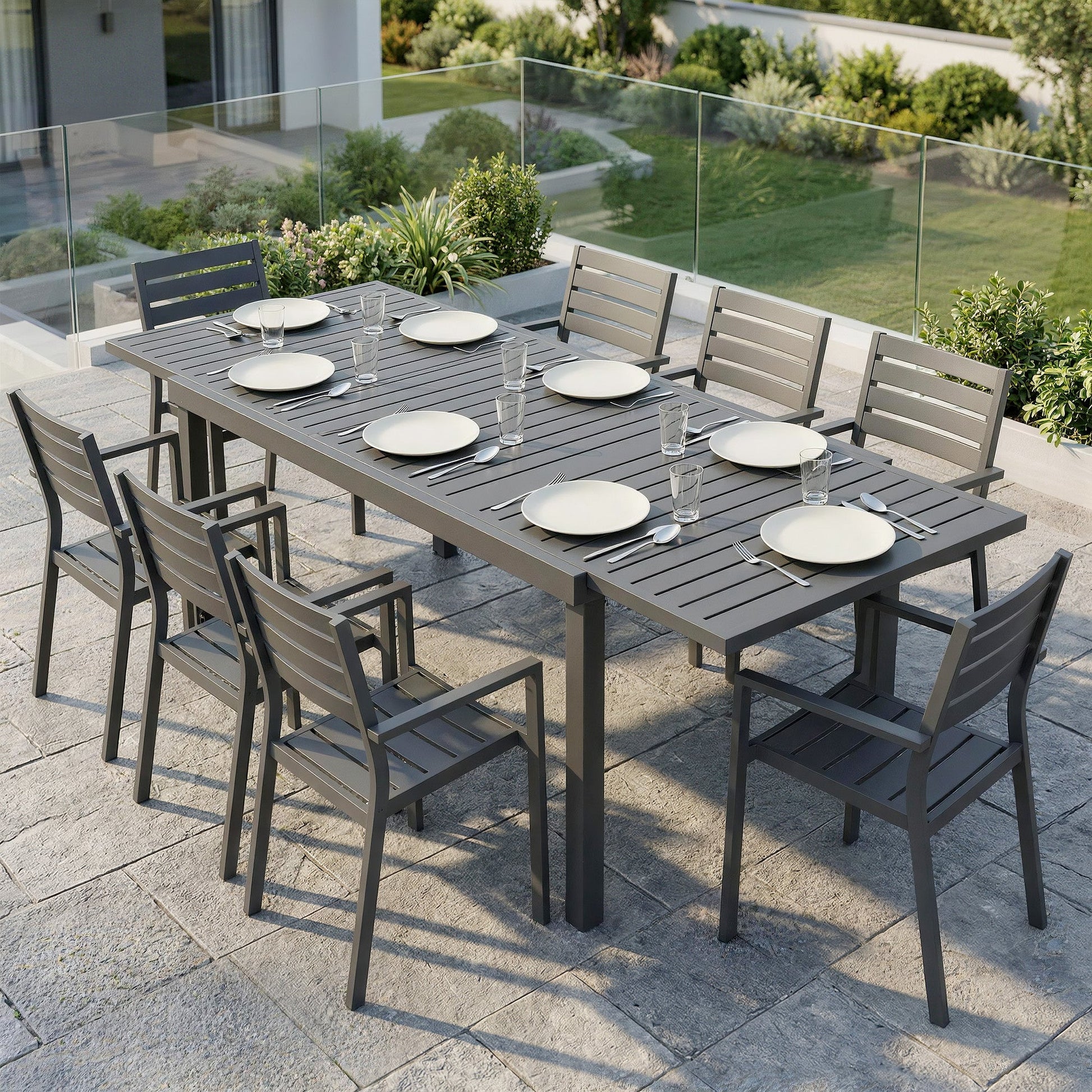 Extending Garden Table for 6-8 People, Full Aluminium Outdoor Dining Table with Slatted Top, Weatherproof Outdoor Dining Furniture for Patio, Balcony, 150/225 x 85 x 75 cm, Dark Grey