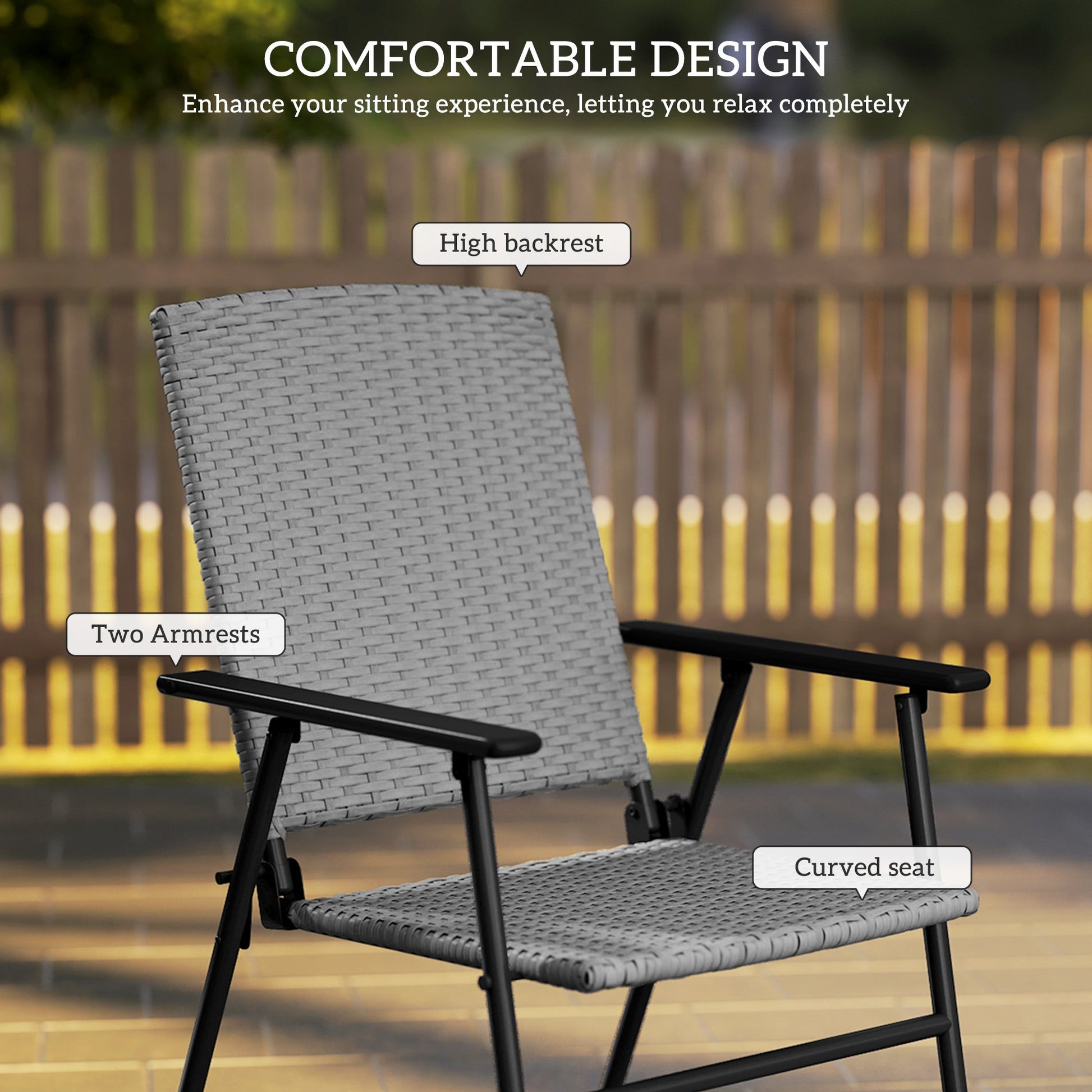 Folding Garden Chairs Set of 2, PE Rattan Garden Dining Chairs with Armrests, High Back and Steel Frame, Weather Resistant Outdoor Dining Furniture for Patio, Balcony, Grey