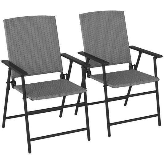 Folding Garden Chairs Set of 2, PE Rattan Garden Dining Chairs with Armrests, High Back and Steel Frame, Weather Resistant Outdoor Dining Furniture for Patio, Balcony, Grey