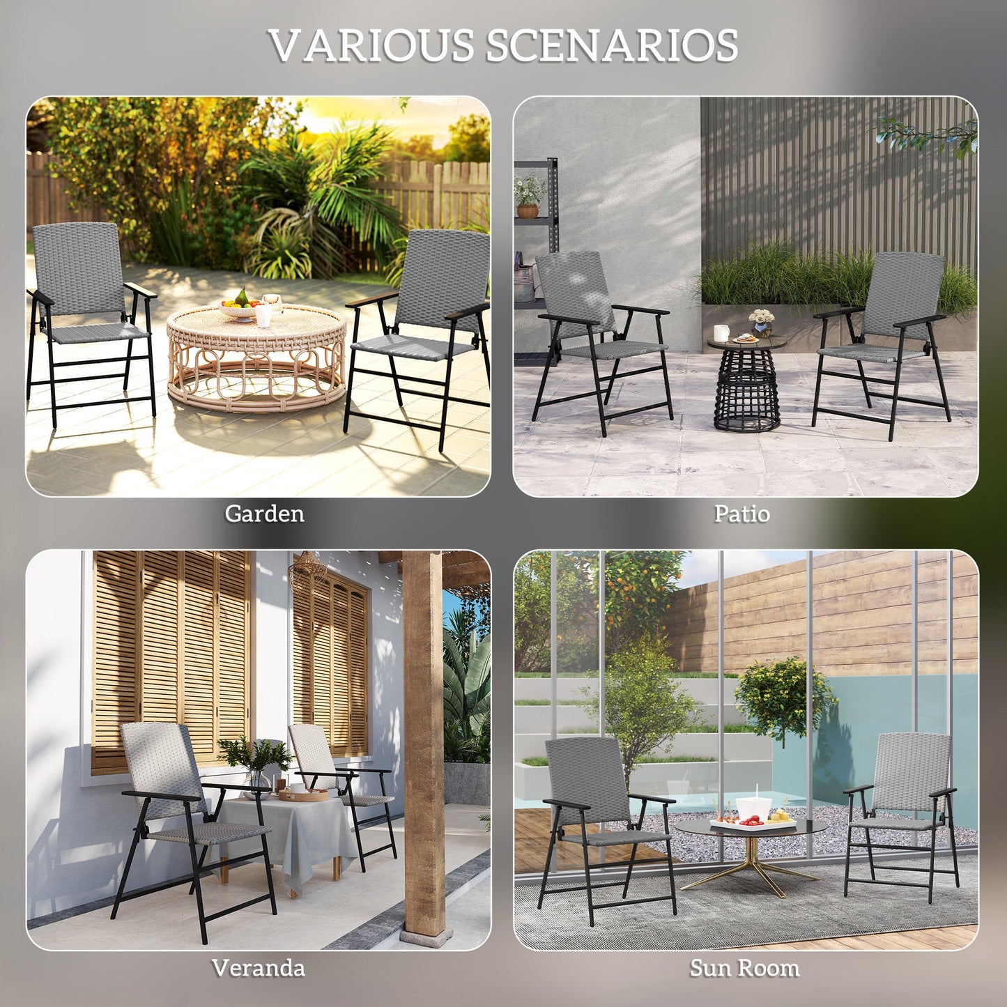 Folding Garden Chairs Set of 2, PE Rattan Garden Dining Chairs with Armrests, High Back and Steel Frame, Weather Resistant Outdoor Dining Furniture for Patio, Balcony, Grey