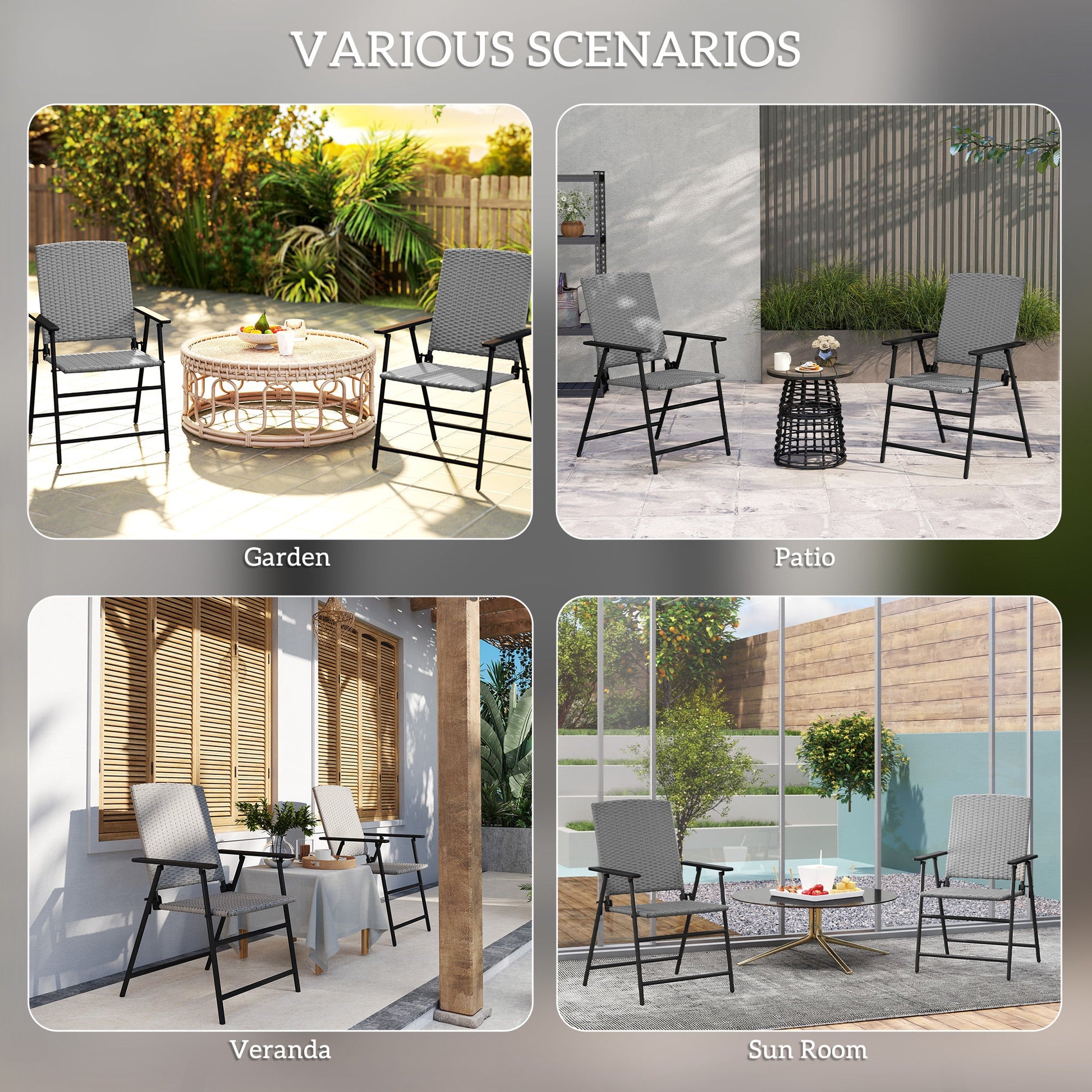 Folding Garden Chairs Set of 2, PE Rattan Garden Dining Chairs with Armrests, High Back and Steel Frame, Weather Resistant Outdoor Dining Furniture for Patio, Balcony, Grey