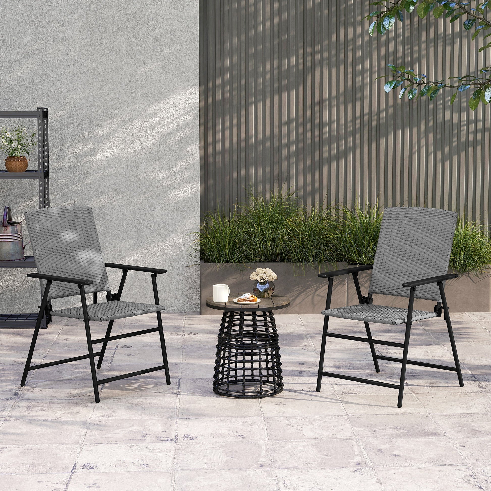 Folding Garden Chairs Set of 2, PE Rattan Garden Dining Chairs with Armrests, High Back and Steel Frame, Weather Resistant Outdoor Dining Furniture for Patio, Balcony, Grey