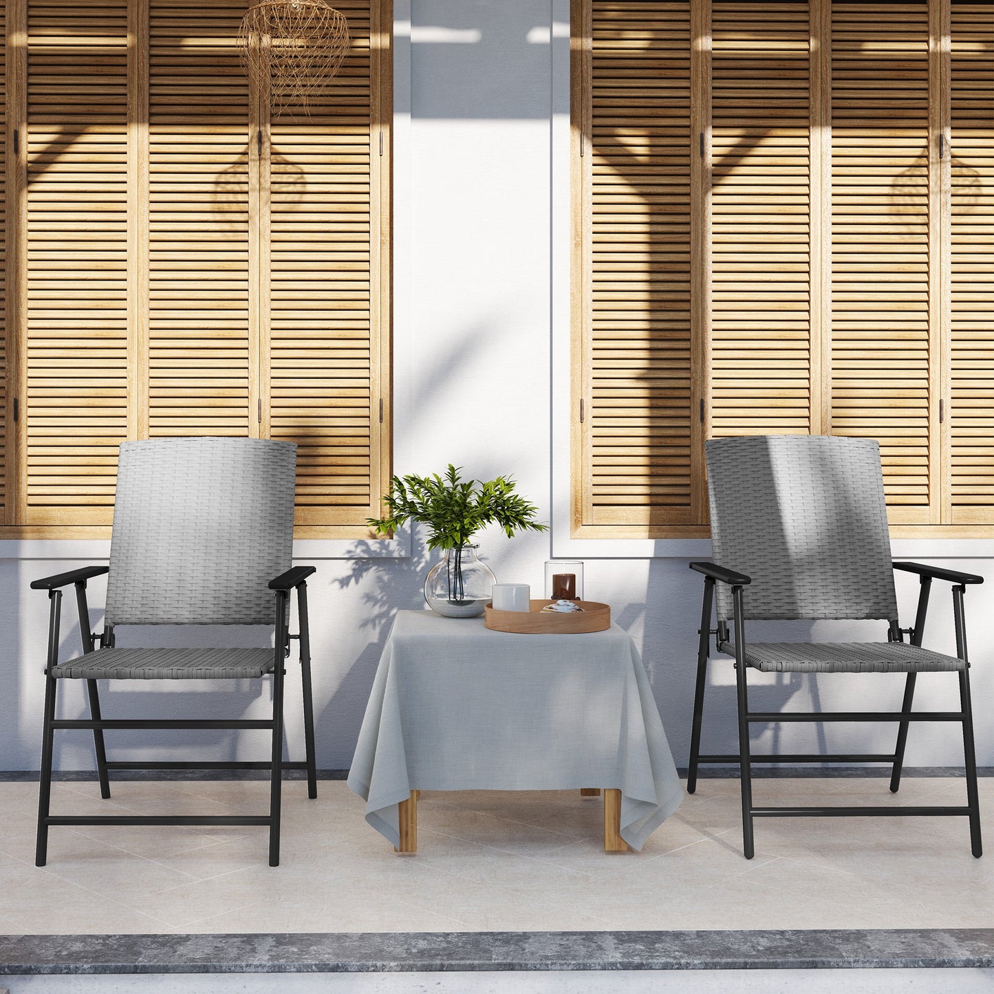Folding Garden Chairs Set of 2, PE Rattan Garden Dining Chairs with Armrests, High Back and Steel Frame, Weather Resistant Outdoor Dining Furniture for Patio, Balcony, Grey