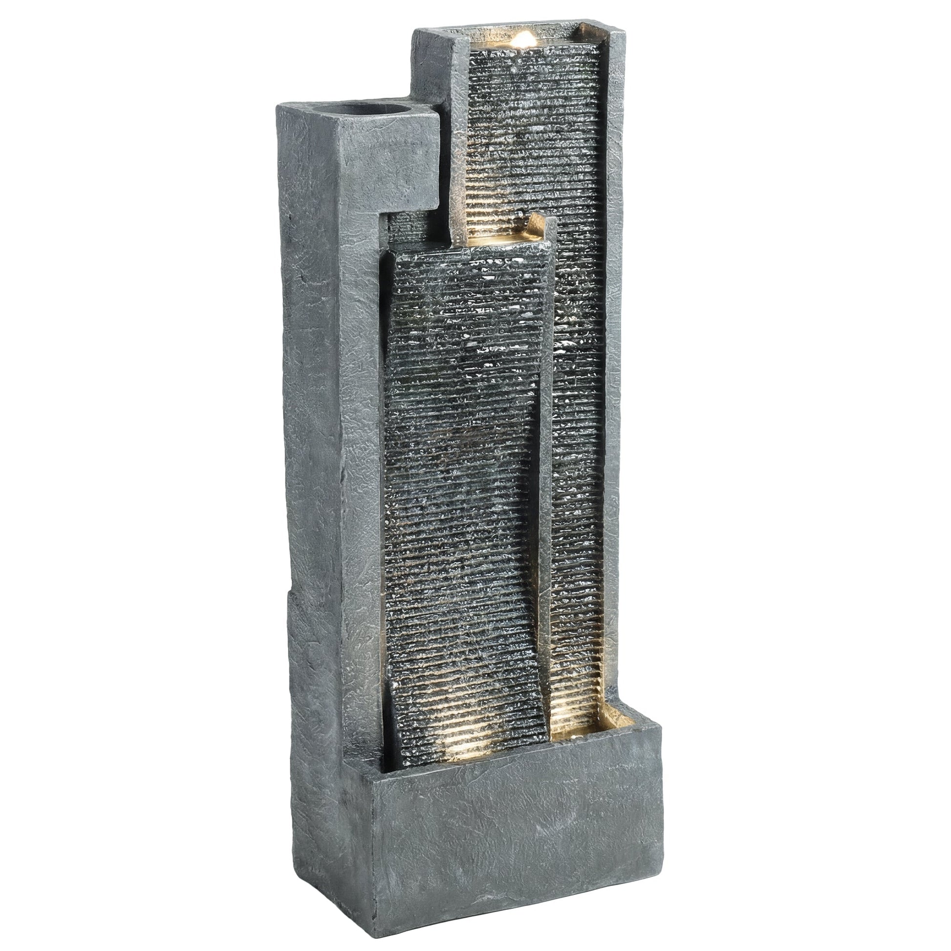 Water Feature with LED Lights and Planter, 3-Tier Garden Water Fountain with Pump, Resin Freestanding Waterfall Feature for Patio Garden, Dark Grey