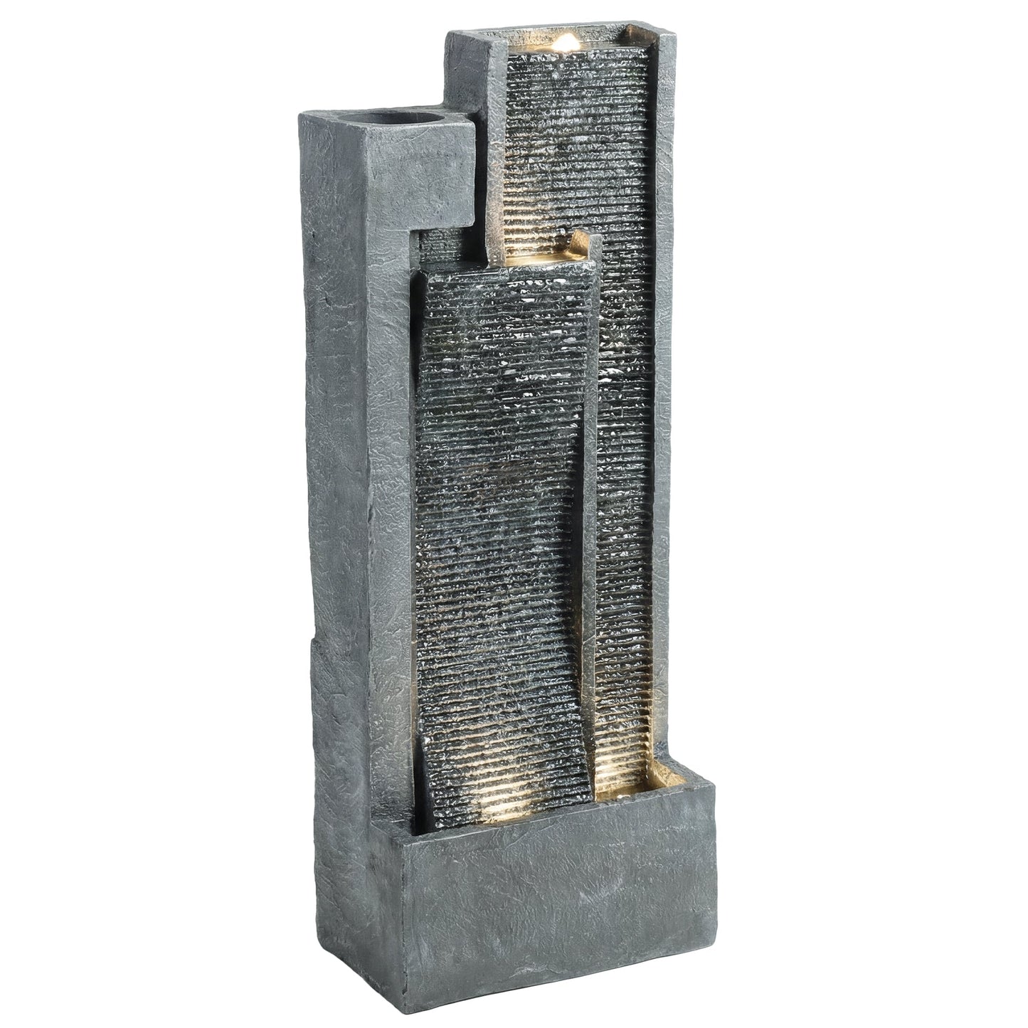 Water Feature with LED Lights and Planter, 3-Tier Garden Water Fountain with Pump, Resin Freestanding Waterfall Feature for Patio Garden, Dark Grey