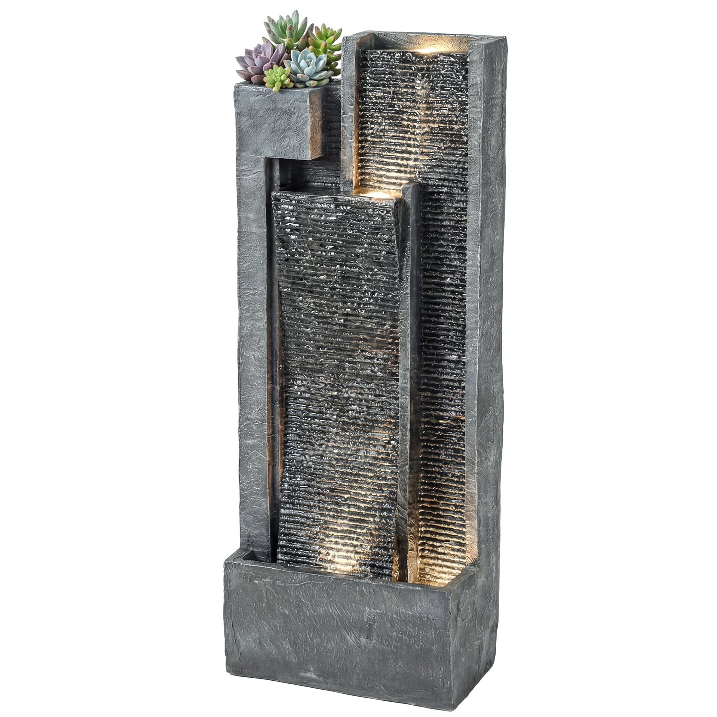 Water Feature with LED Lights and Planter, 3-Tier Garden Water Fountain with Pump, Resin Freestanding Waterfall Feature for Patio Garden, Dark Grey