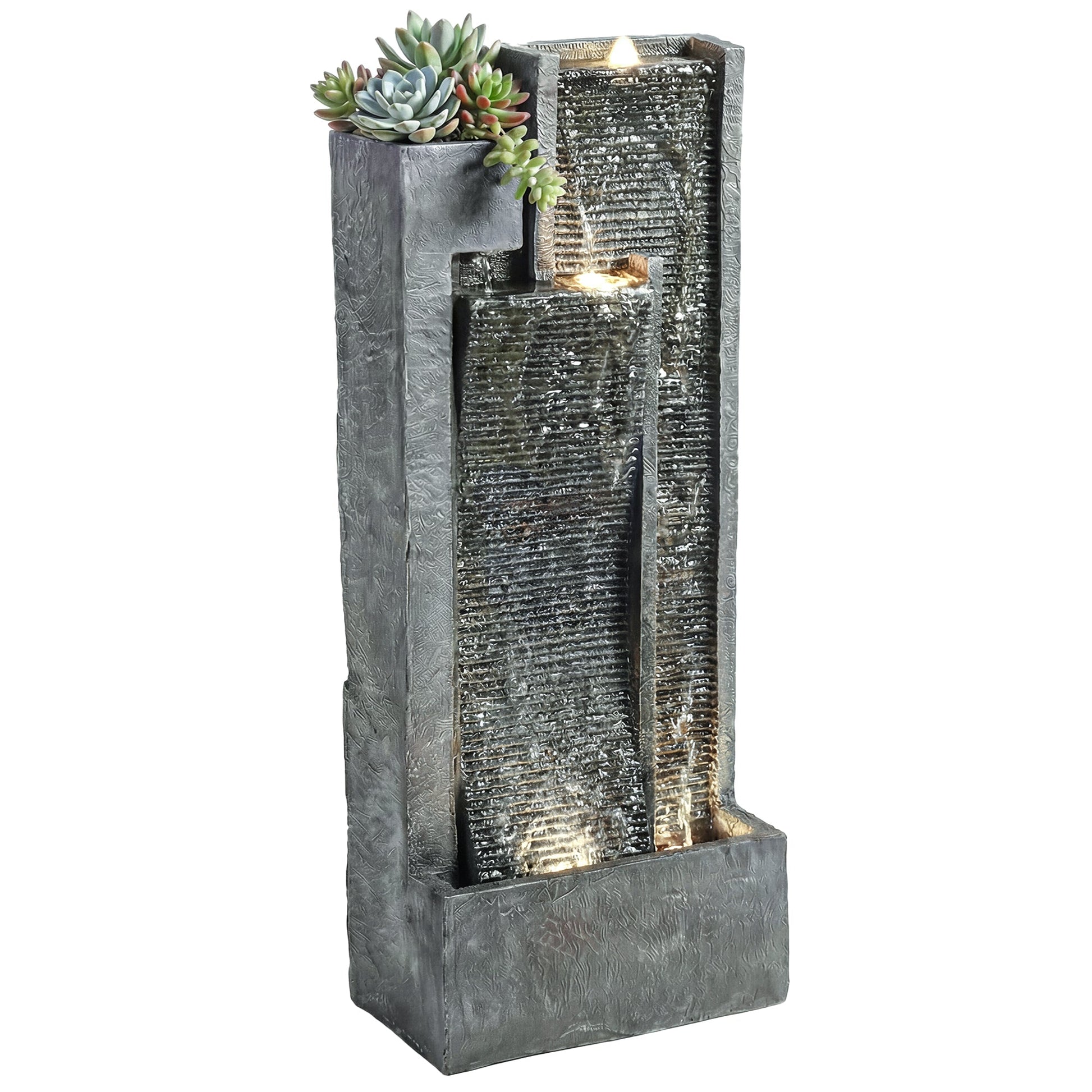 Water Feature with LED Lights and Planter, 3-Tier Garden Water Fountain with Pump, Resin Freestanding Waterfall Feature for Patio Garden, Dark Grey
