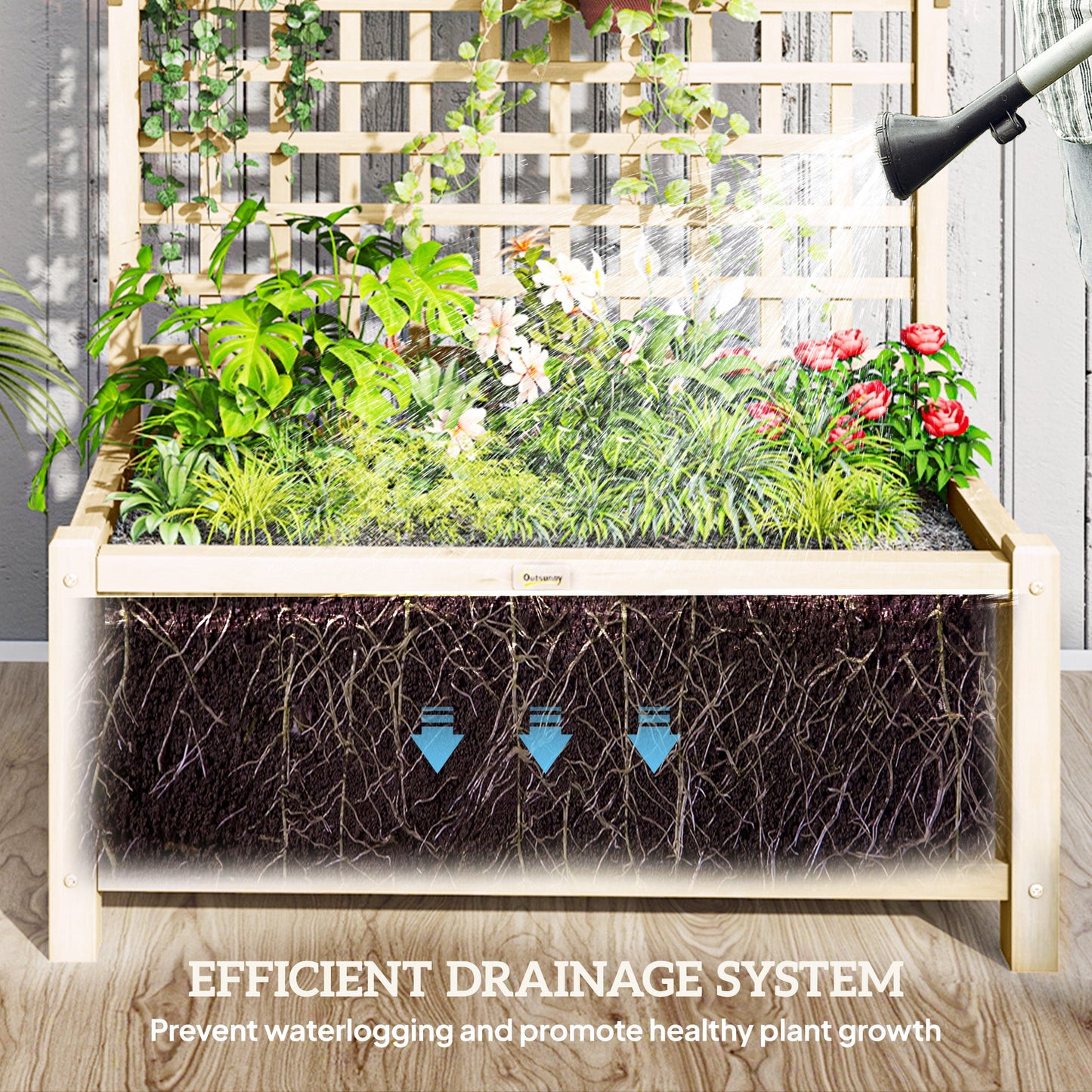 Wood Planter with Trellis for Climbing Plants, Raised Bed, Planter Box with Drainage Holes to Grow Vegetables, Herbs and Flowers for Garden, Patio, Yard, Natural Wood Finish