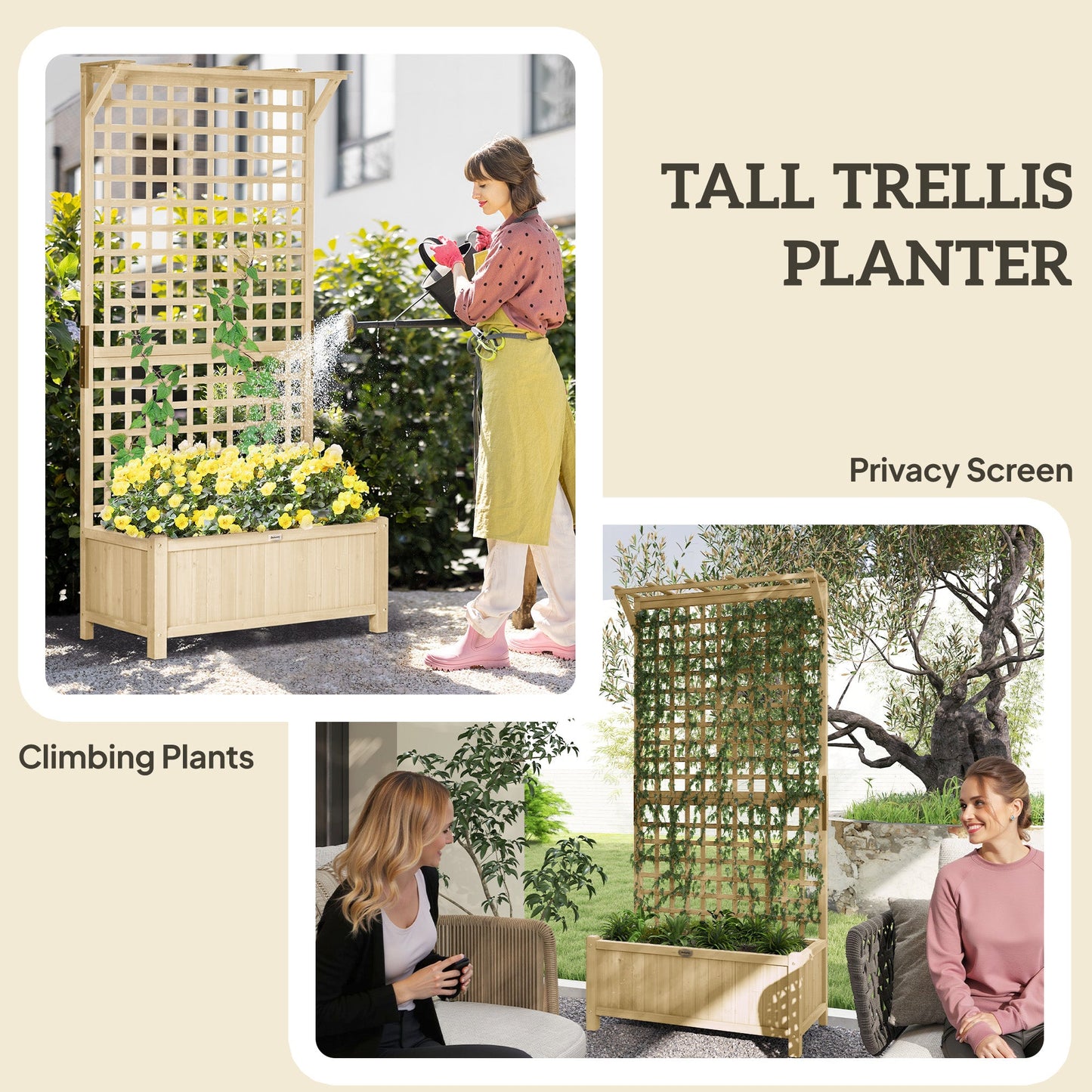 Wood Planter with Trellis for Climbing Plants, Raised Bed, Planter Box with Drainage Holes to Grow Vegetables, Herbs and Flowers for Garden, Patio, Yard, Natural Wood Finish