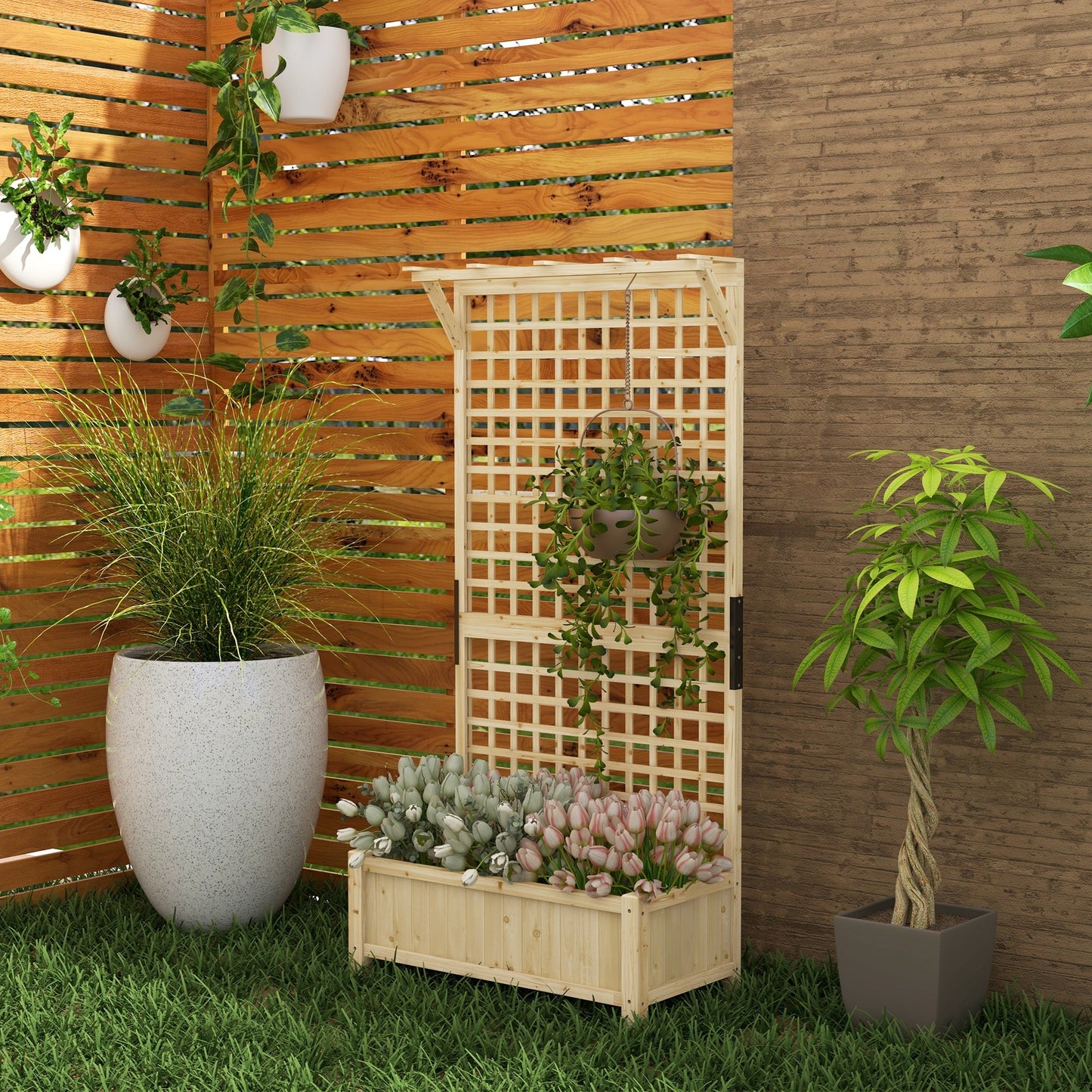 Wood Planter with Trellis for Climbing Plants, Raised Bed, Planter Box with Drainage Holes to Grow Vegetables, Herbs and Flowers for Garden, Patio, Yard, Natural Wood Finish