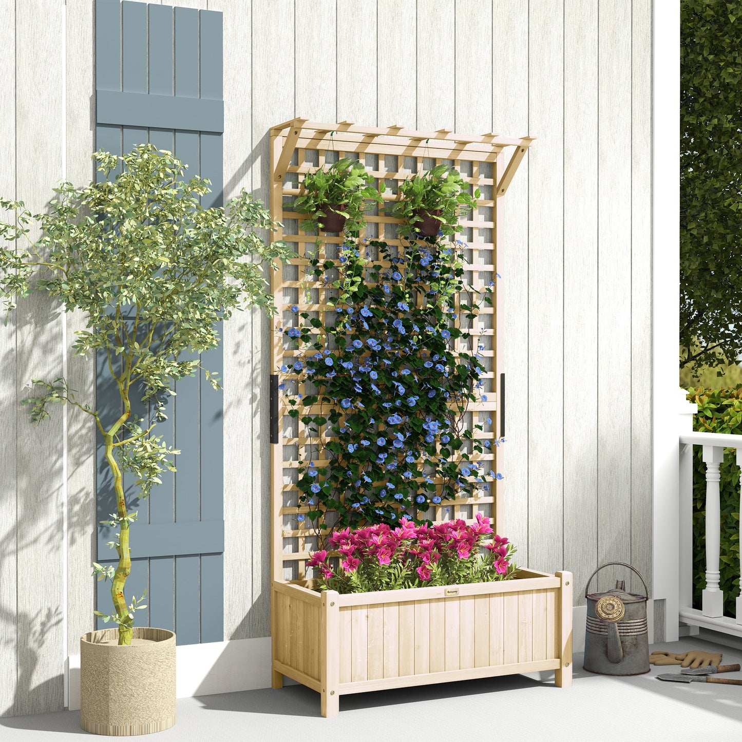 Wood Planter with Trellis for Climbing Plants, Raised Bed, Planter Box with Drainage Holes to Grow Vegetables, Herbs and Flowers for Garden, Patio, Yard, Natural Wood Finish