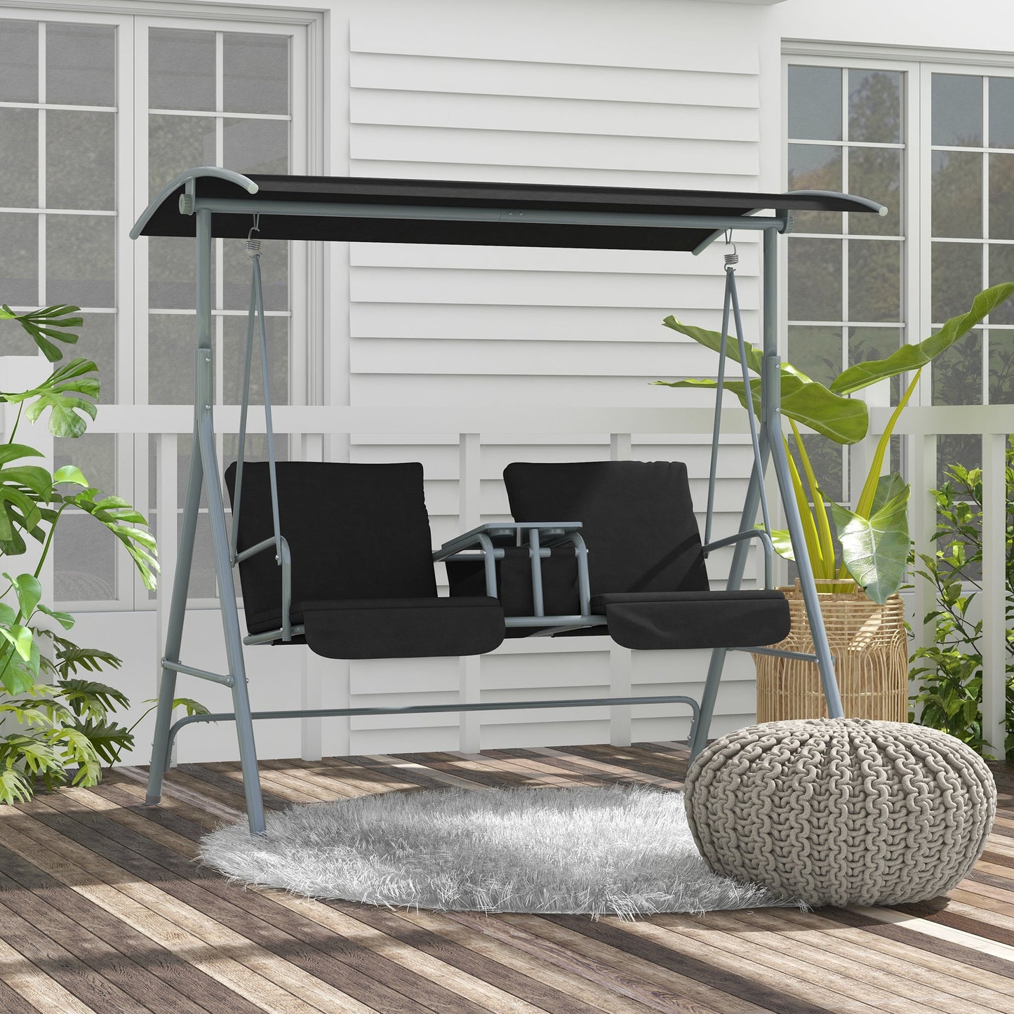 2 Seater Garden Swing Chair Patio Rocking Bench w/ Tilting Canopy, Double Padded Seats, Storage Bag and Tray, Black