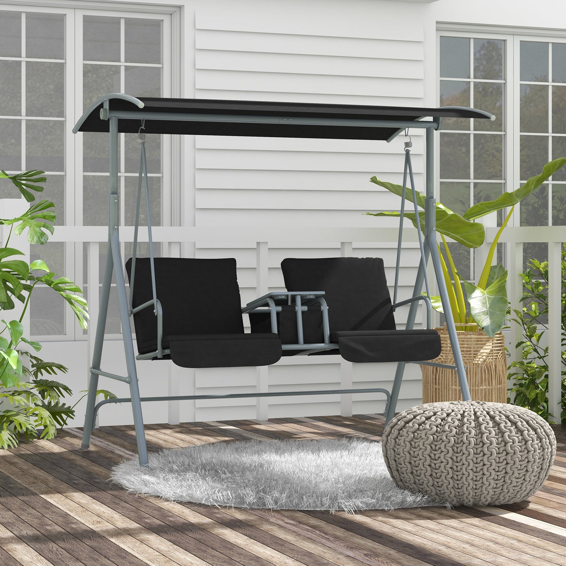 2 Seater Garden Swing Chair Patio Rocking Bench w/ Tilting Canopy, Double Padded Seats, Storage Bag and Tray, Black