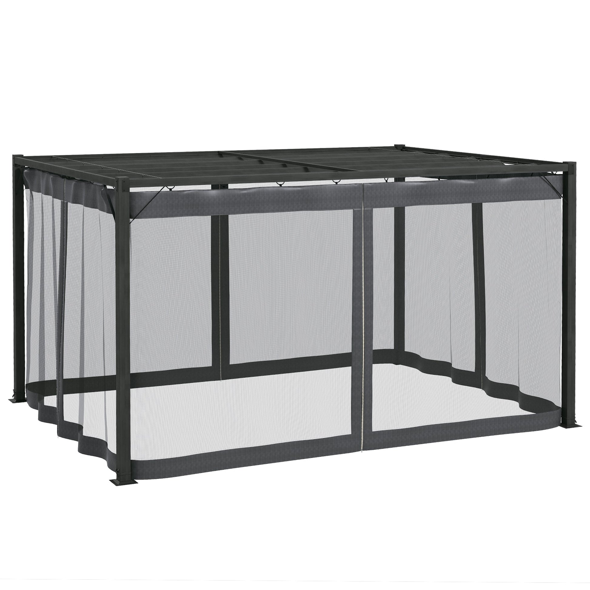3 x 4 m Pergola with Retractable Roof Canopy and Netting Sidewalls, Aluminium Frame Garden Gazebo Outdoor Sun Shade Shelter for Grill, Patio, Deck, Dark Grey