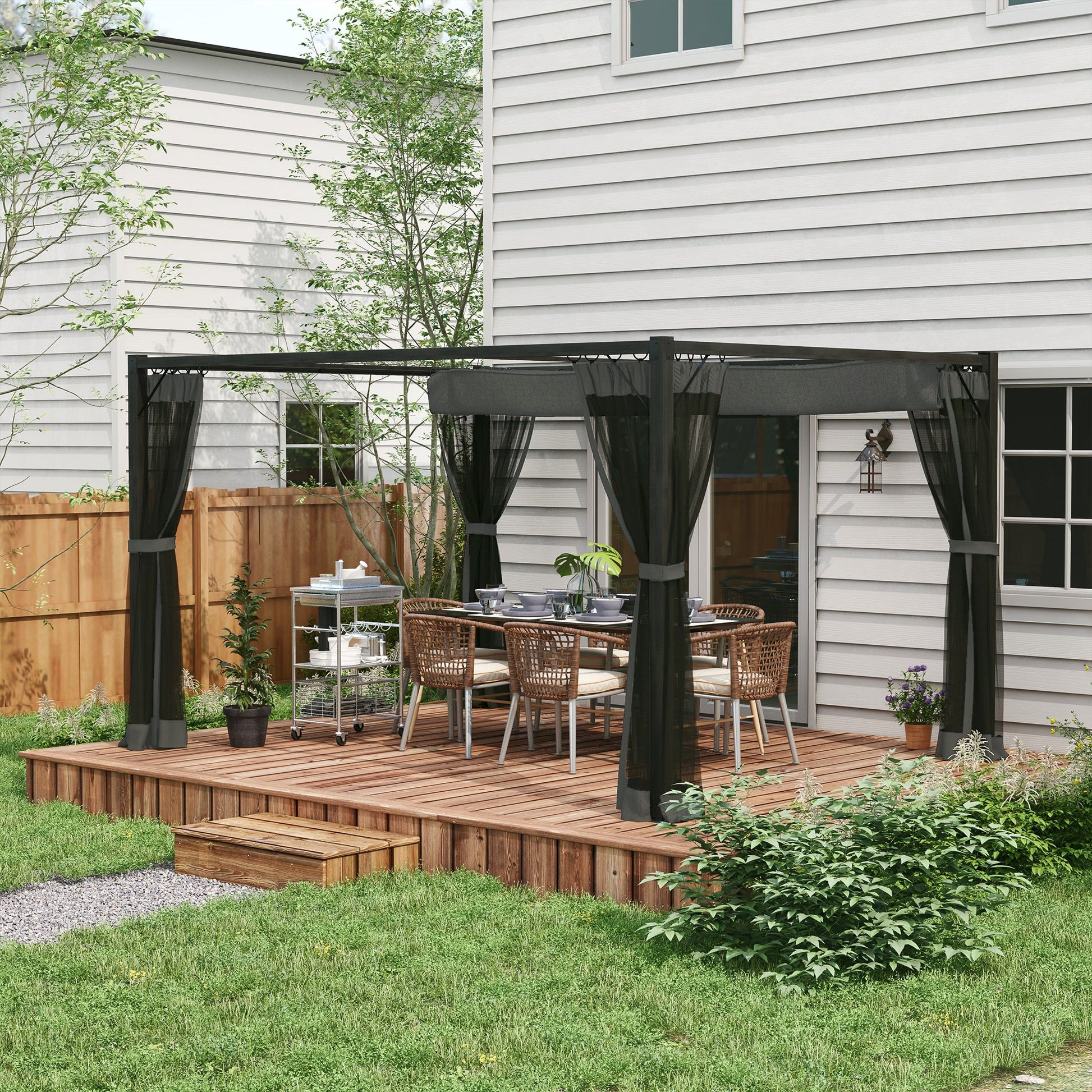 3 x 4 m Pergola with Retractable Roof Canopy and Netting Sidewalls, Aluminium Frame Garden Gazebo Outdoor Sun Shade Shelter for Grill, Patio, Deck, Dark Grey