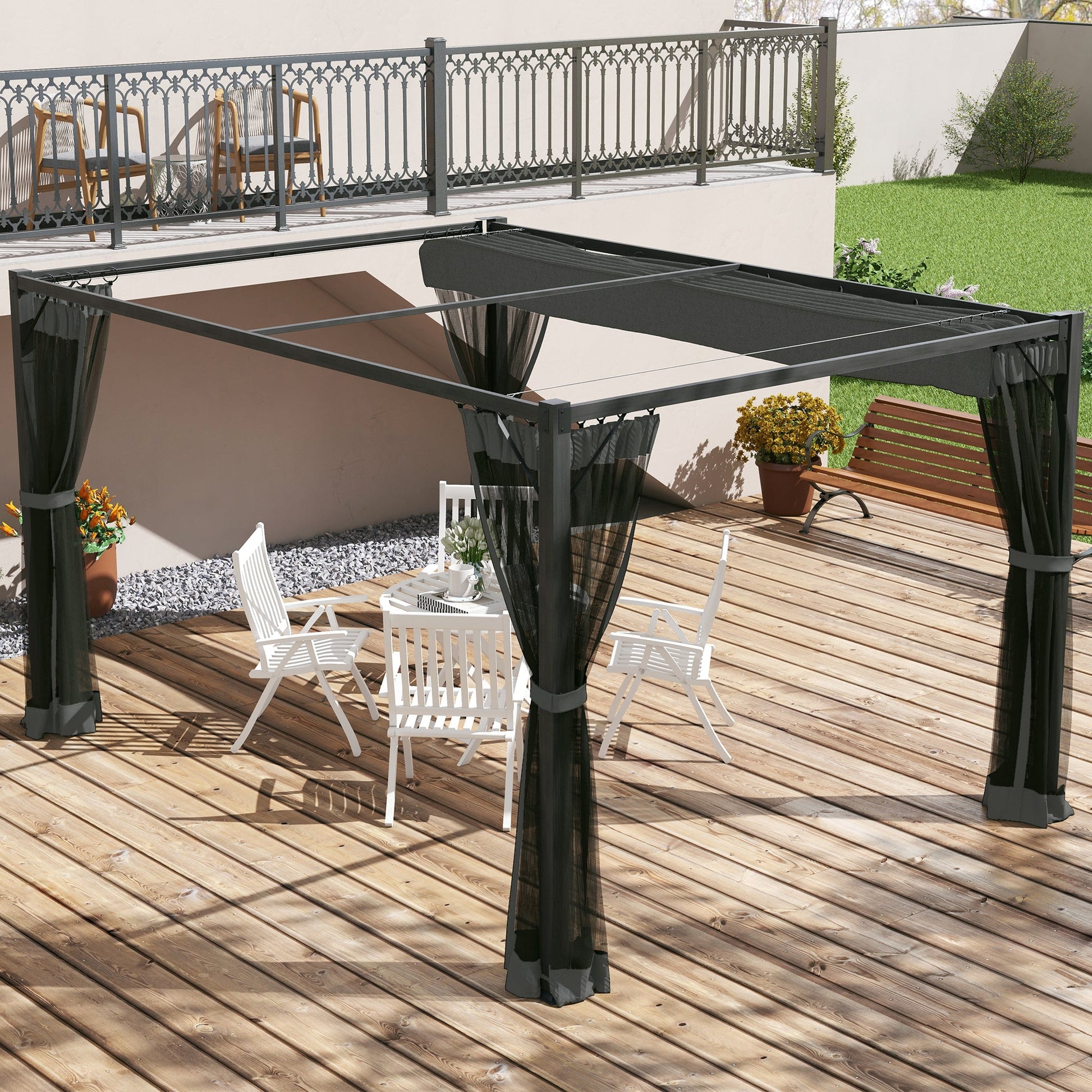 3 x 4 m Pergola with Retractable Roof Canopy and Netting Sidewalls, Aluminium Frame Garden Gazebo Outdoor Sun Shade Shelter for Grill, Patio, Deck, Dark Grey
