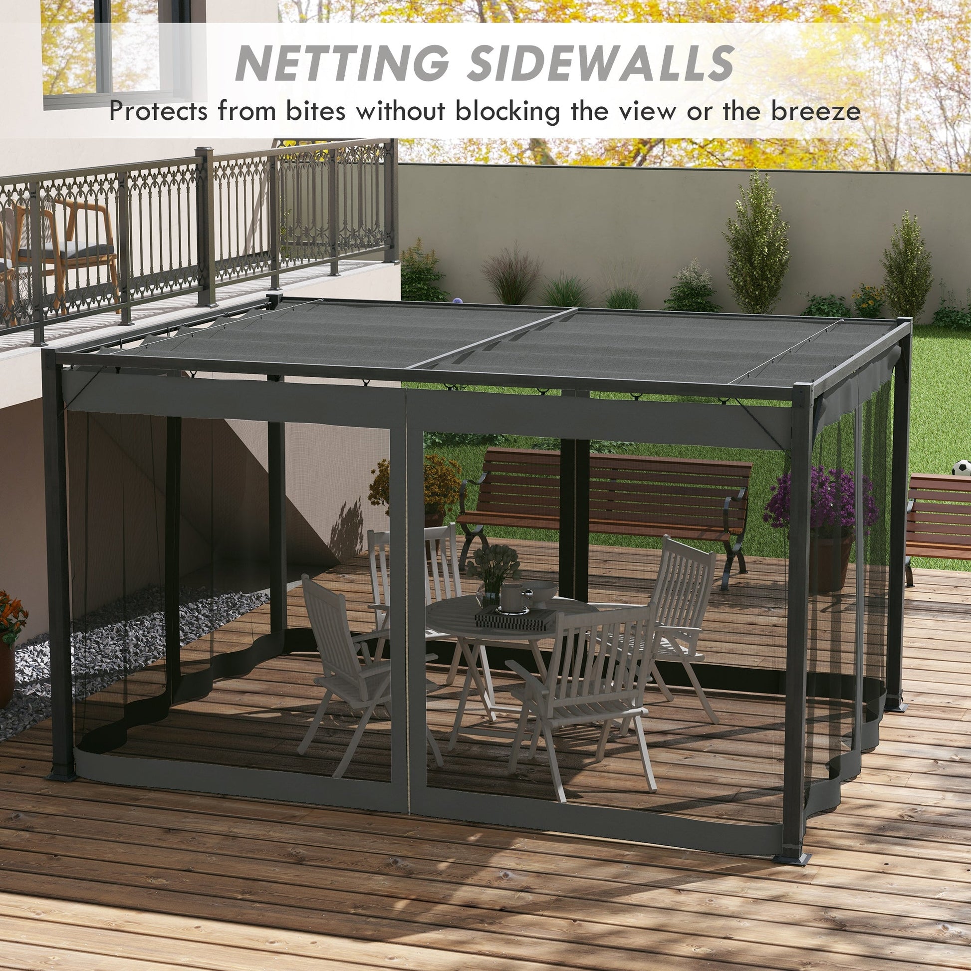 3 x 4 m Pergola with Retractable Roof Canopy and Netting Sidewalls, Aluminium Frame Garden Gazebo Outdoor Sun Shade Shelter for Grill, Patio, Deck, Dark Grey