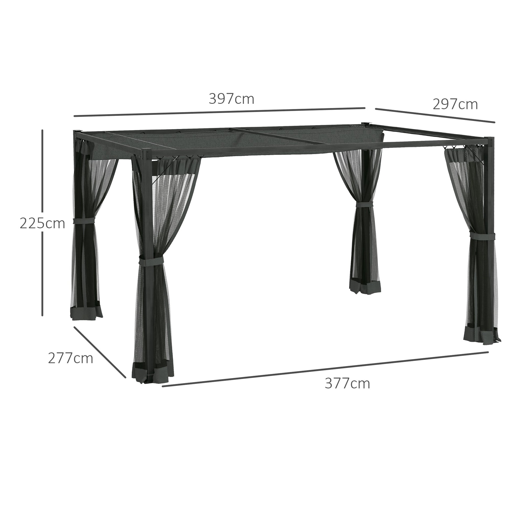 3 x 4 m Pergola with Retractable Roof Canopy and Netting Sidewalls, Aluminium Frame Garden Gazebo Outdoor Sun Shade Shelter for Grill, Patio, Deck, Dark Grey