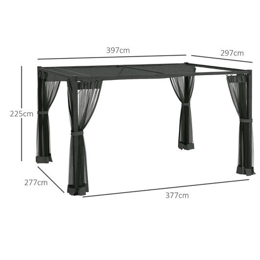 3 x 4 m Pergola with Retractable Roof Canopy and Netting Sidewalls, Aluminium Frame Garden Gazebo Outdoor Sun Shade Shelter for Grill, Patio, Deck, Dark Grey