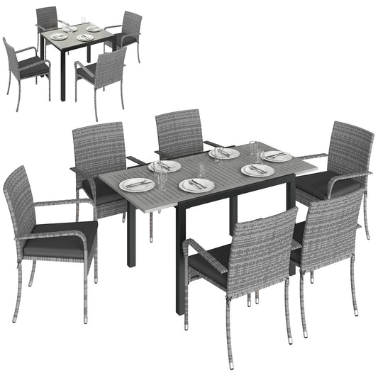 7 Piece Rattan Garden Furniture Set, 6 Seater Garden Table and 6 Stackable Chairs with Extendable Acacia Wood Tabletop, All-Weather Outdoor Furniture with Cushions for Patio, Light Grey