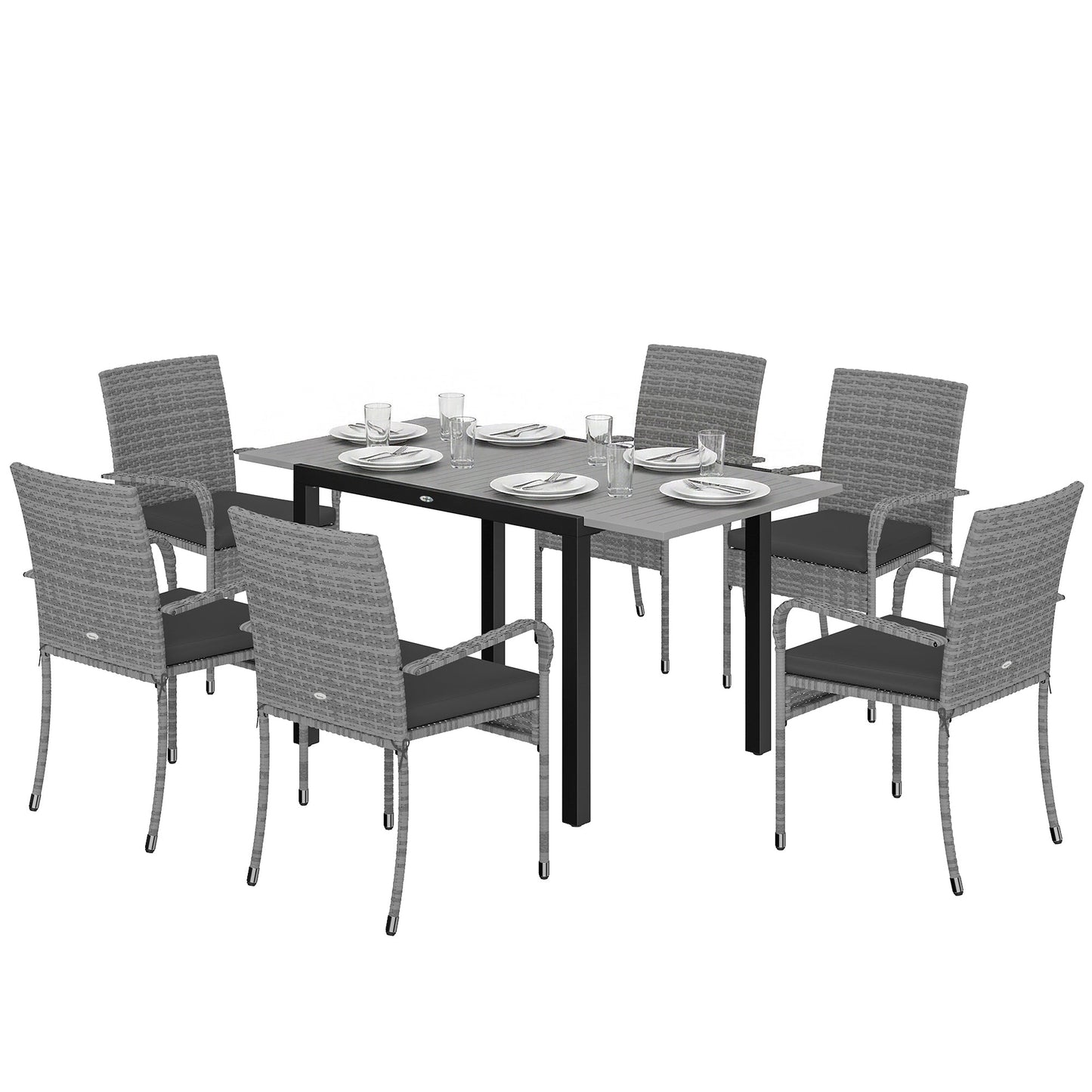 7 Piece Rattan Garden Furniture Set, 6 Seater Garden Table and 6 Stackable Chairs with Extendable Acacia Wood Tabletop, All-Weather Outdoor Furniture with Cushions for Patio, Light Grey