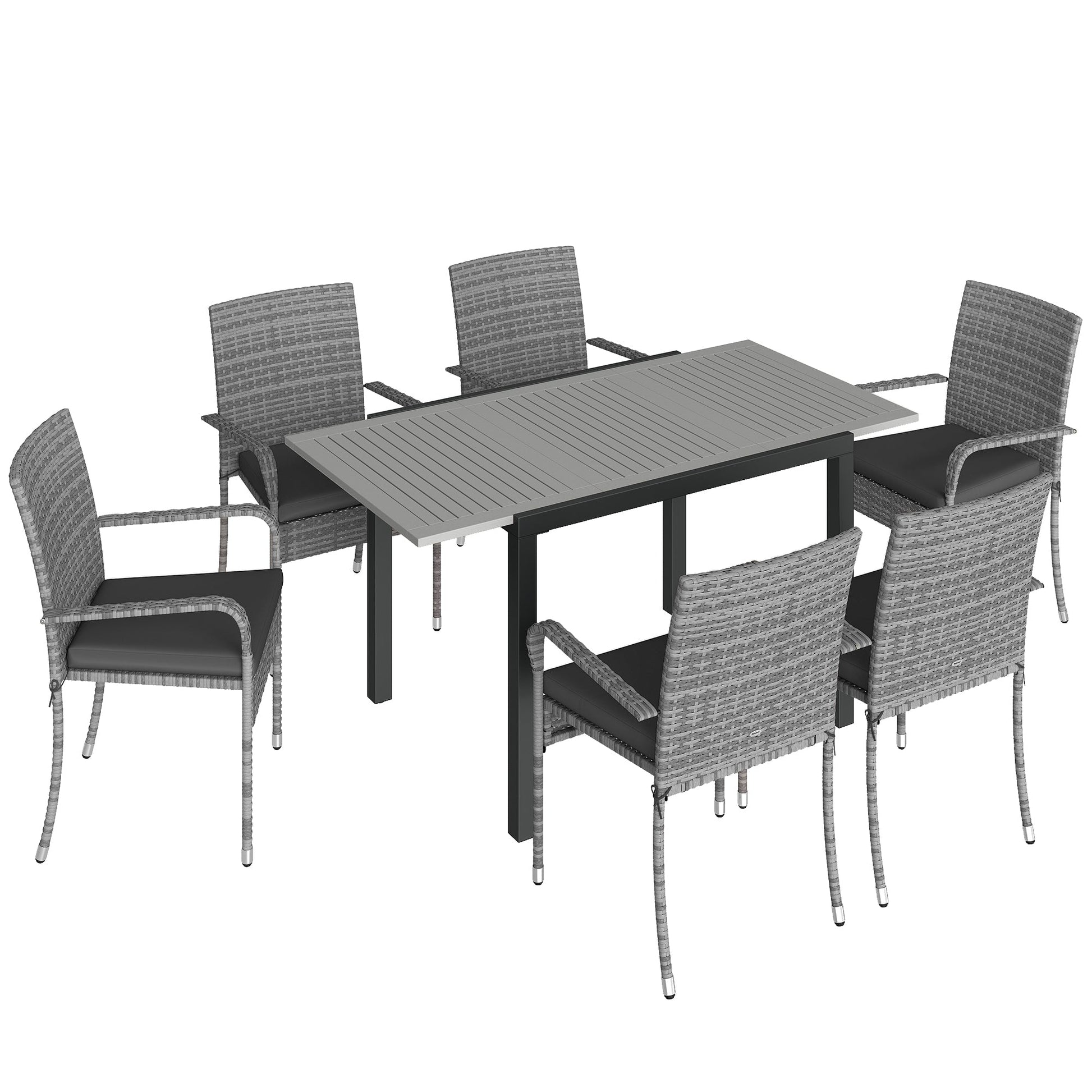 7 Piece Rattan Garden Furniture Set, 6 Seater Garden Table and 6 Stackable Chairs with Extendable Acacia Wood Tabletop, All-Weather Outdoor Furniture with Cushions for Patio, Light Grey