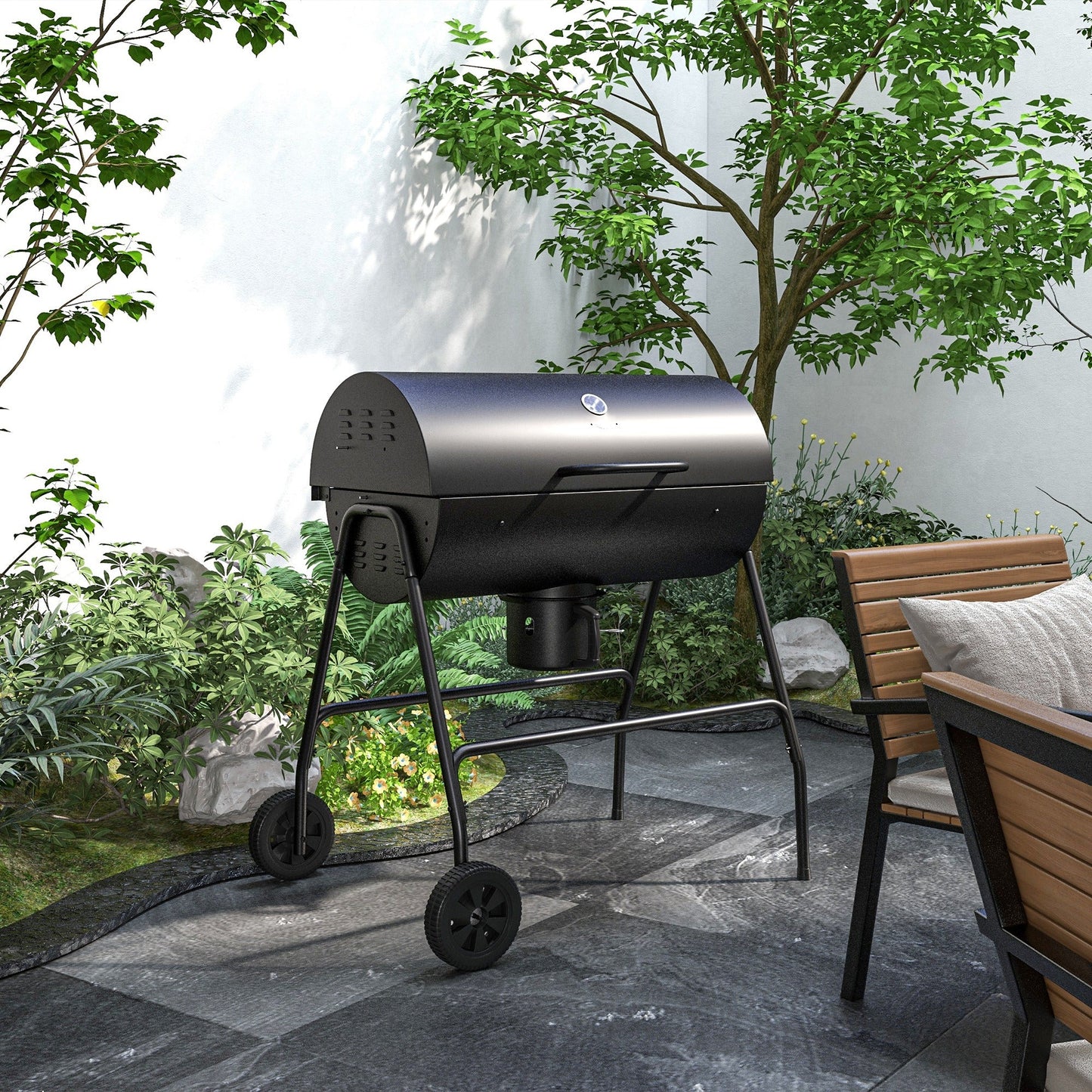 Charcoal Barbecue Grill, Portable Barrel BBQ Trolley Smoker with Wheels, Ash Catcher and Thermometer for Outdoor Garden Party Cooking, Black