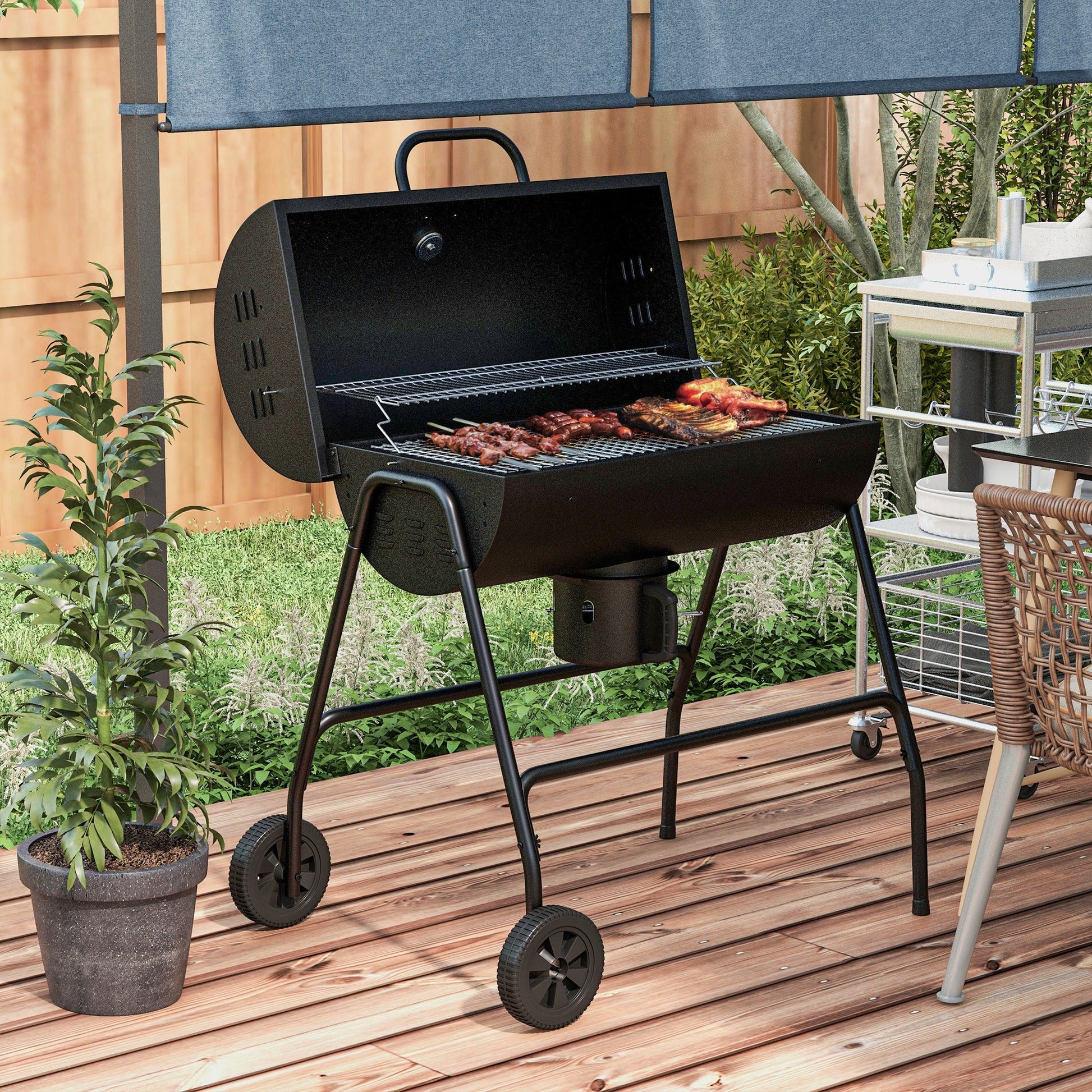 Charcoal Barbecue Grill, Portable Barrel BBQ Trolley Smoker with Wheels, Ash Catcher and Thermometer for Outdoor Garden Party Cooking, Black