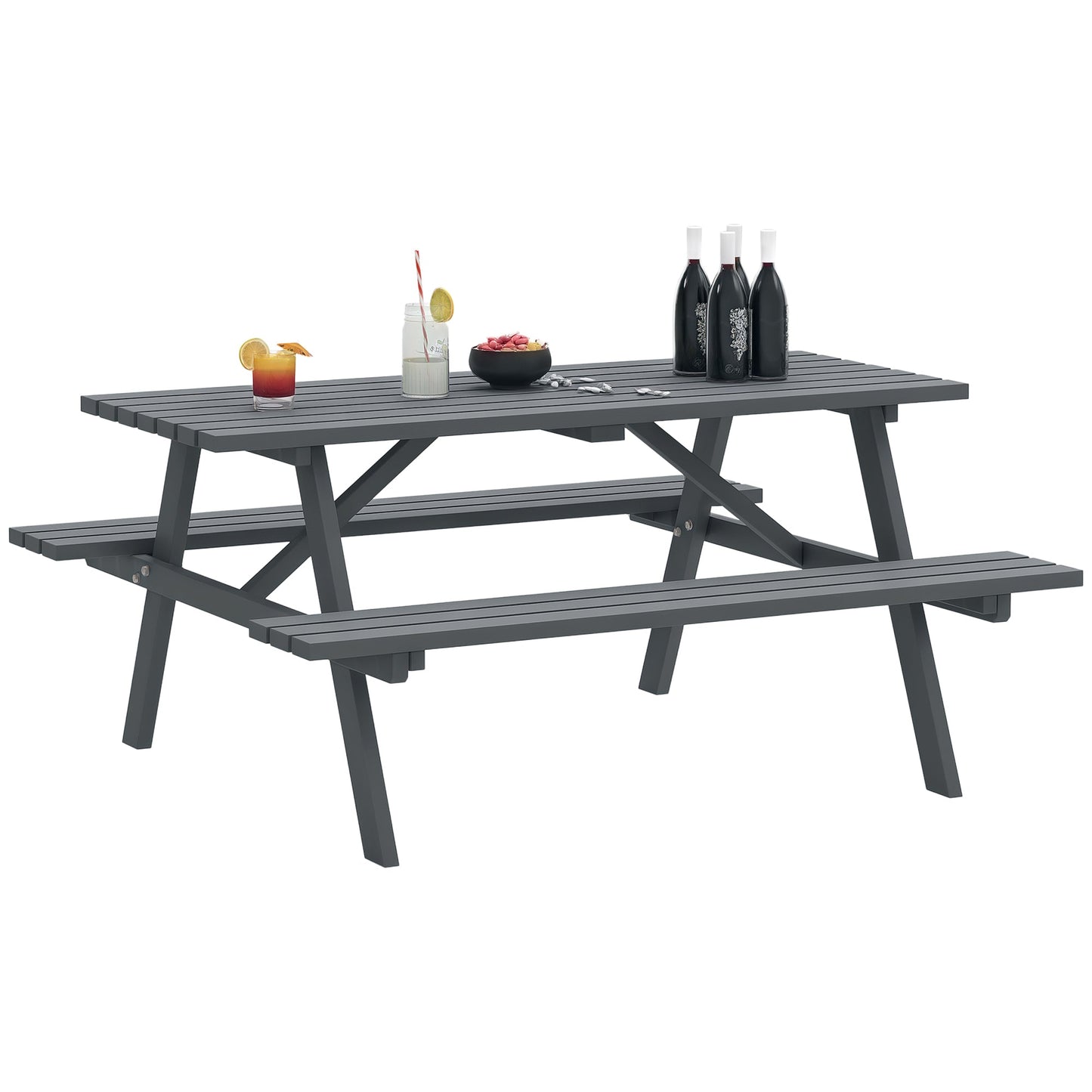 6 Seater Wooden Picnic Table Bench for Outdoor Garden or Patio with Parasol Cutout 150 cm Grey