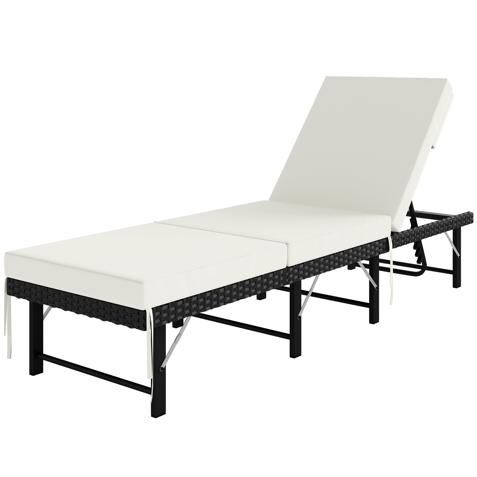 Folding Rattan Sun Lounger, 6-Level Adjustable Garden Lounger Recliner with Cushion, Outdoor Reclining Sunbed, Garden Chair with Steel Frame for Patio, Beach, Terrace, Black