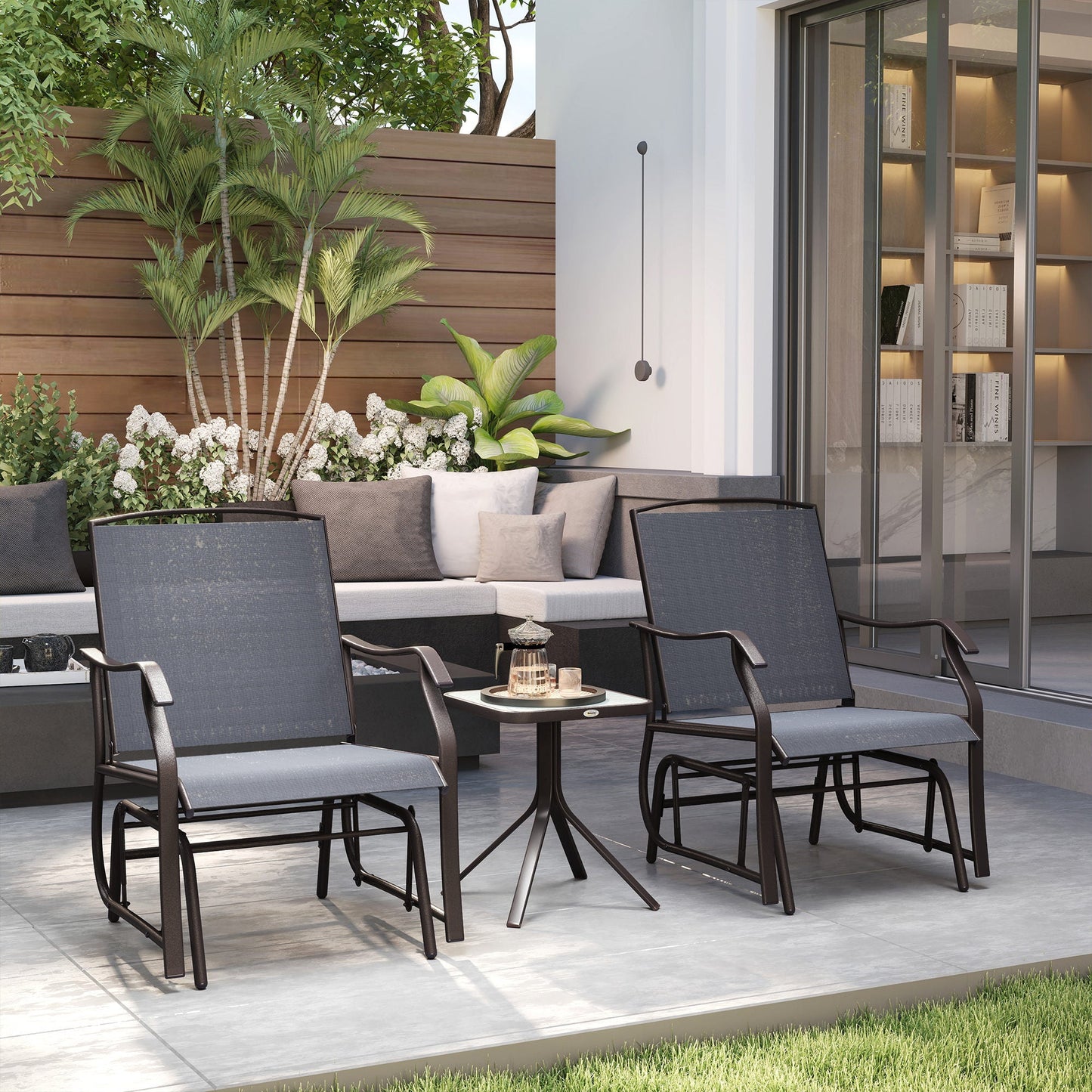 Glider Rocking Chair & Table Set 2 Single Seaters Rocker Garden Swing Chair Patio Furniture Bistro Set Grey