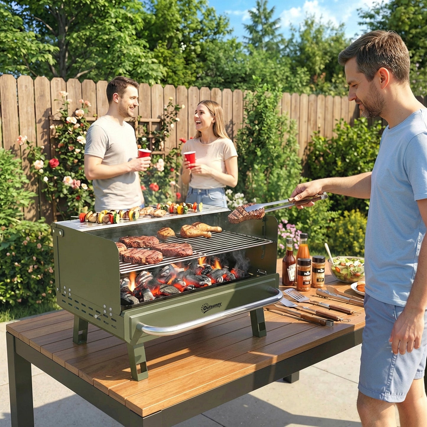 Portable BBQ Grill, Charcoal Barbecue Grill with Adjustable Grates, Foldable Legs and Side Shelf for Camping Hiking Picnic Travel Garden Outdoor Cooking, Green